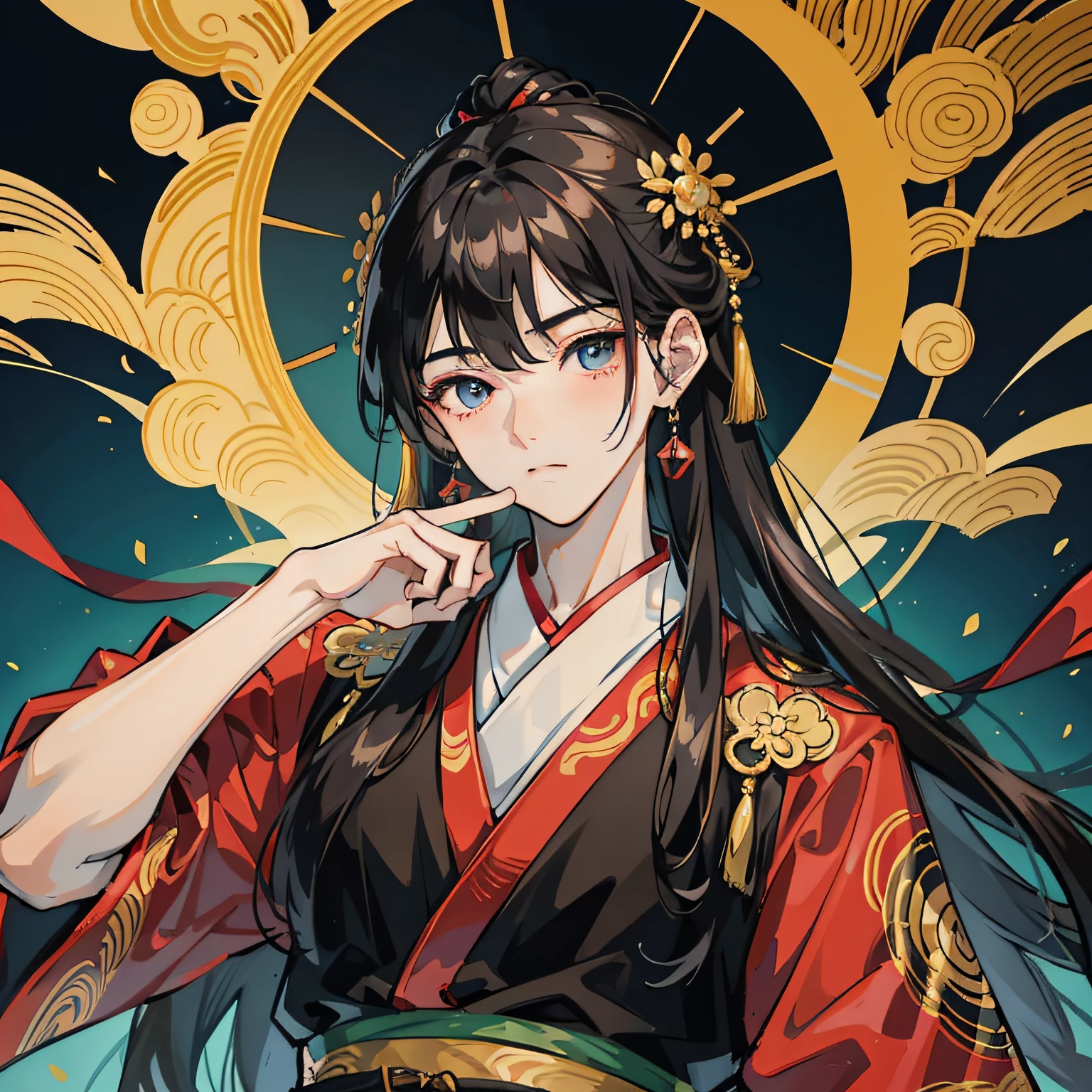16k，hyper HD，Two-dimensional style，Classical Chinese men，Long black hair，Big eyes dark and bright，Wearing beautiful Hanfu，Face forward，Wear gorgeous blonde hair ornaments on your head，Height 195cm，Handsome and compelling。