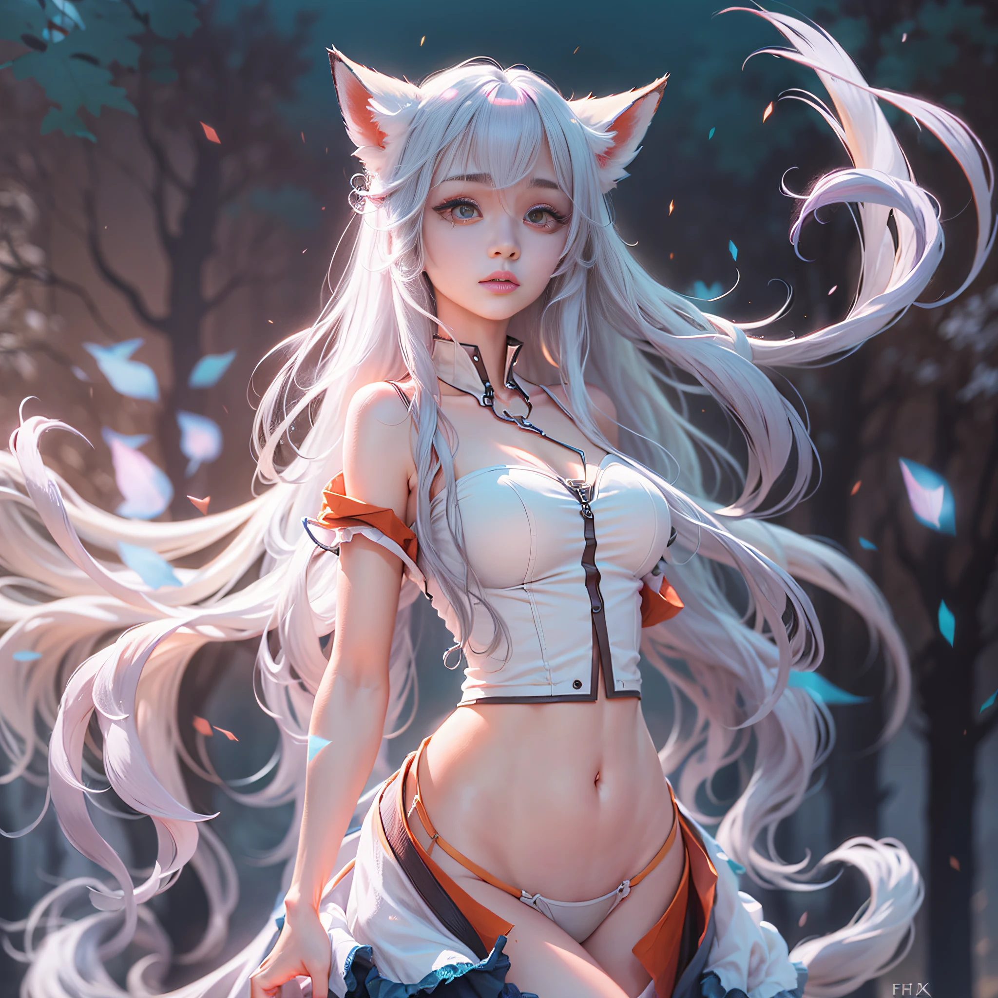 Gradient hair, hair over shoulders, Very long hair,  watered eyes, Fox ears, Yandere,   Anime, Cinematic lighting, shadowing, stereograms, Glowing light, Sony FE GM, hyper HD, 4K, High details, High quality, Masterpiece ，Large chest，Show some shoulders，The skin is white and smooth，twogirls
