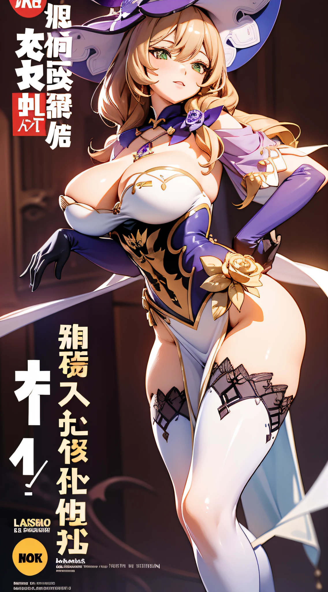 Lisa genshin impact),Pure yellow premium comic background，Expose abs，Comic cover style，Premium comic titles，Slim figure，cropped shoulders，huge tit，White dress at the bottom，Mesh garment，Cocked buttocks，Fleshy thighs，Below the waist are mesh stockings，Masterpiece，hyper-detailed face，Deep rendering