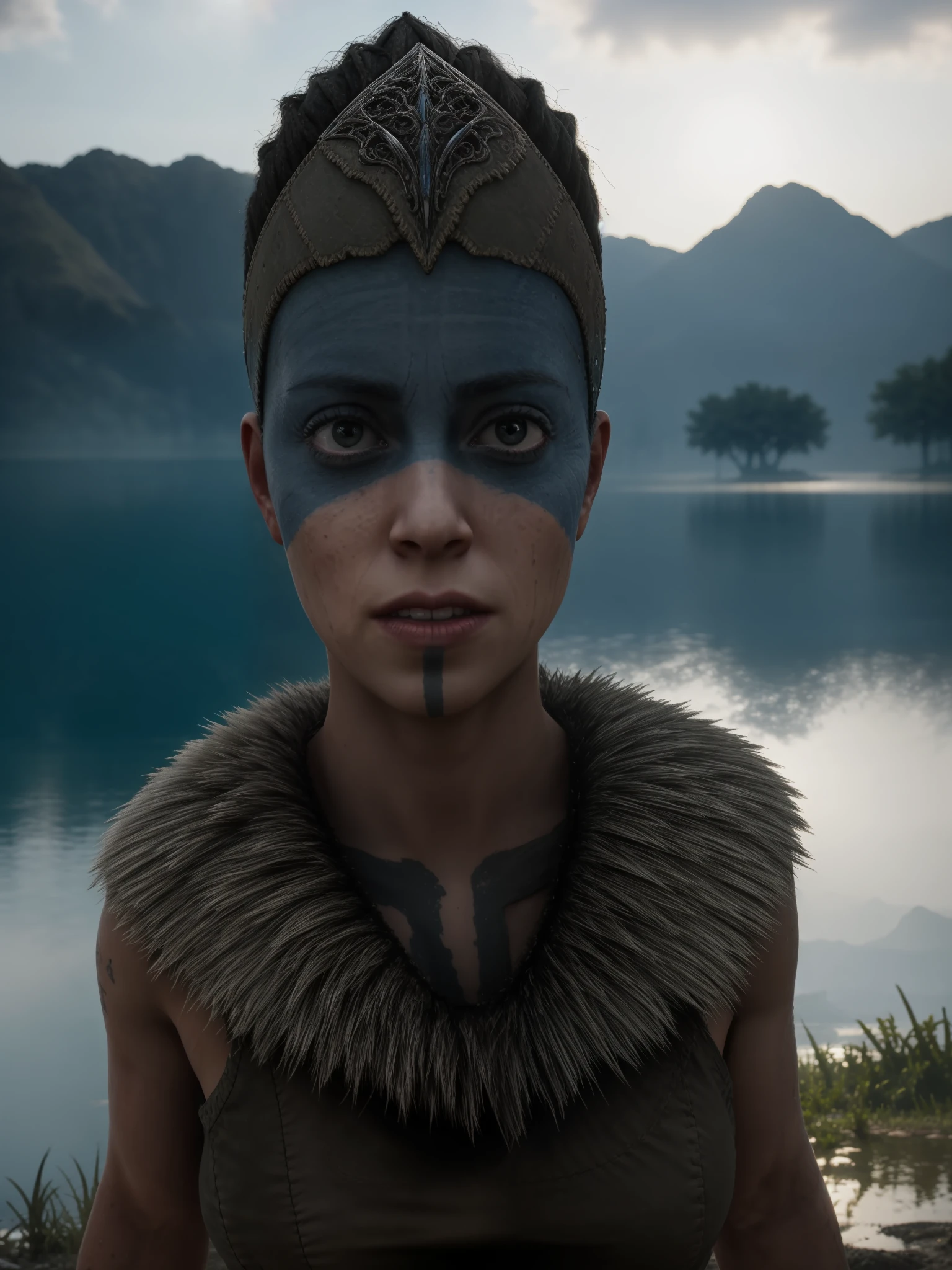 close up hellbladesenua standing in a ruined city near to a lake, bright weather, cute face, dramatic lighting, wallpaper, intricate, sharp focus, ray tracing, rtx, professionally color graded, professional photography, masterpiece, ultra detailed, high quality, best quality, 4k, 8k, raw