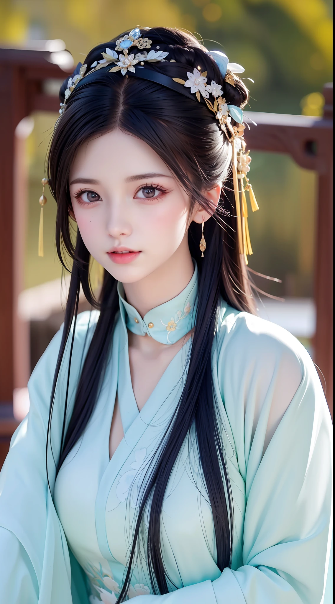 (Daisaku),(Need),(Super meticulous),best qualtiy，tmasterpiece，A high resolution，a beauti，Blushlush，Bright big eyes,Chinese Hanfu，Luxurious tiara，White light gauze Hanfu， Xianxia, conservativelydressed，choker necklace，jewelry，beautfully face，Half-life portrait，Courtyard background of ancient Chinese architecture，4k，(beautiful  detailed face),(美丽细致的眼睛)k hd，Unbeatable masterpiece
