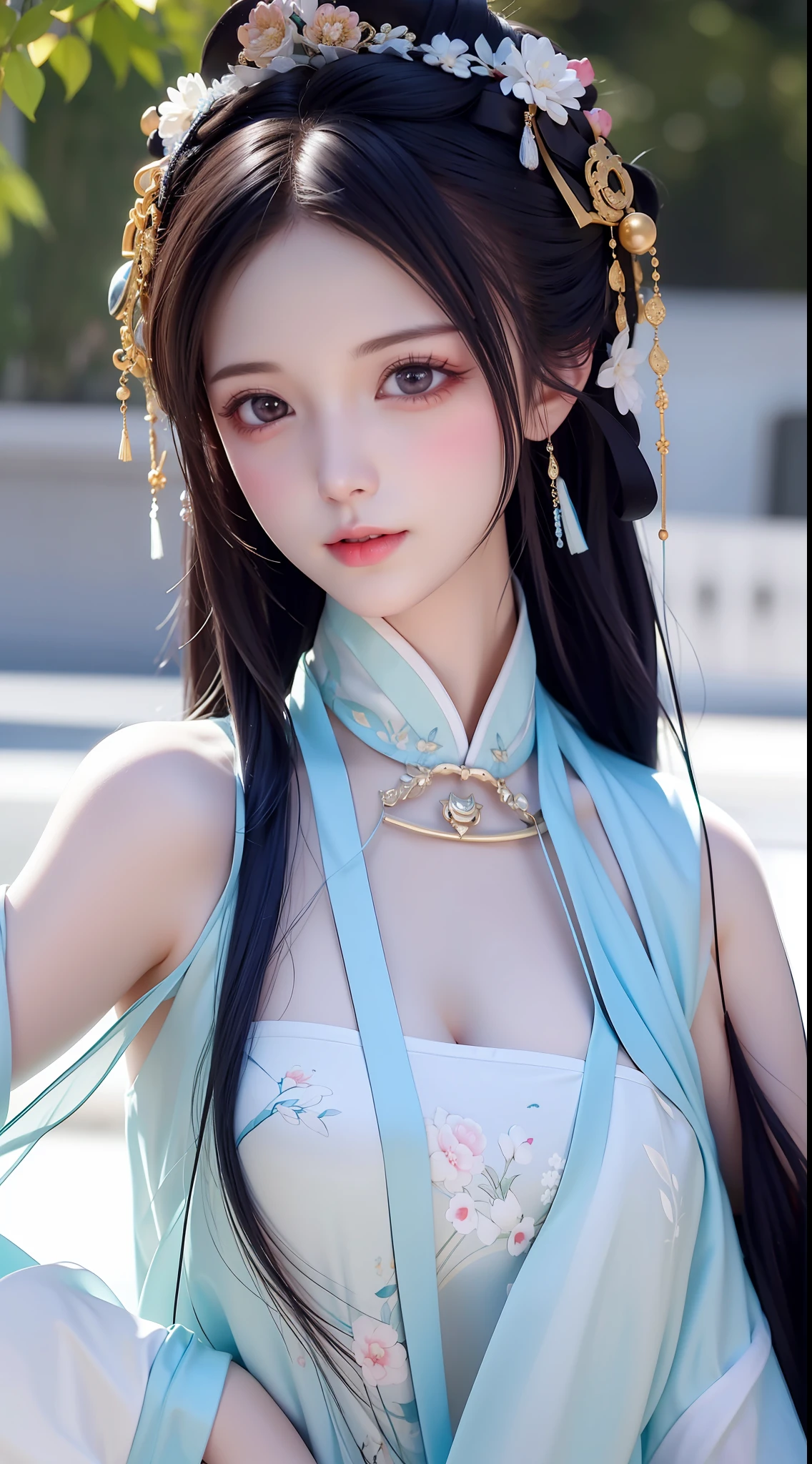 (Daisaku),(Need),(Super meticulous),best qualtiy,tmasterpiece,A high resolution,a beauti,Blushlush,Bright big eyes,Chinese Hanfu,Luxurious tiara,White light gauze Hanfu, Xianxia, conservativelydressed,choker necklace,jewelry,beautfully face,Half-life portrait,Courtyard background of ancient Chinese architecture,4k,(beautiful detailed face),(美丽细致的眼睛)k hd,Unbeatable masterpiece
