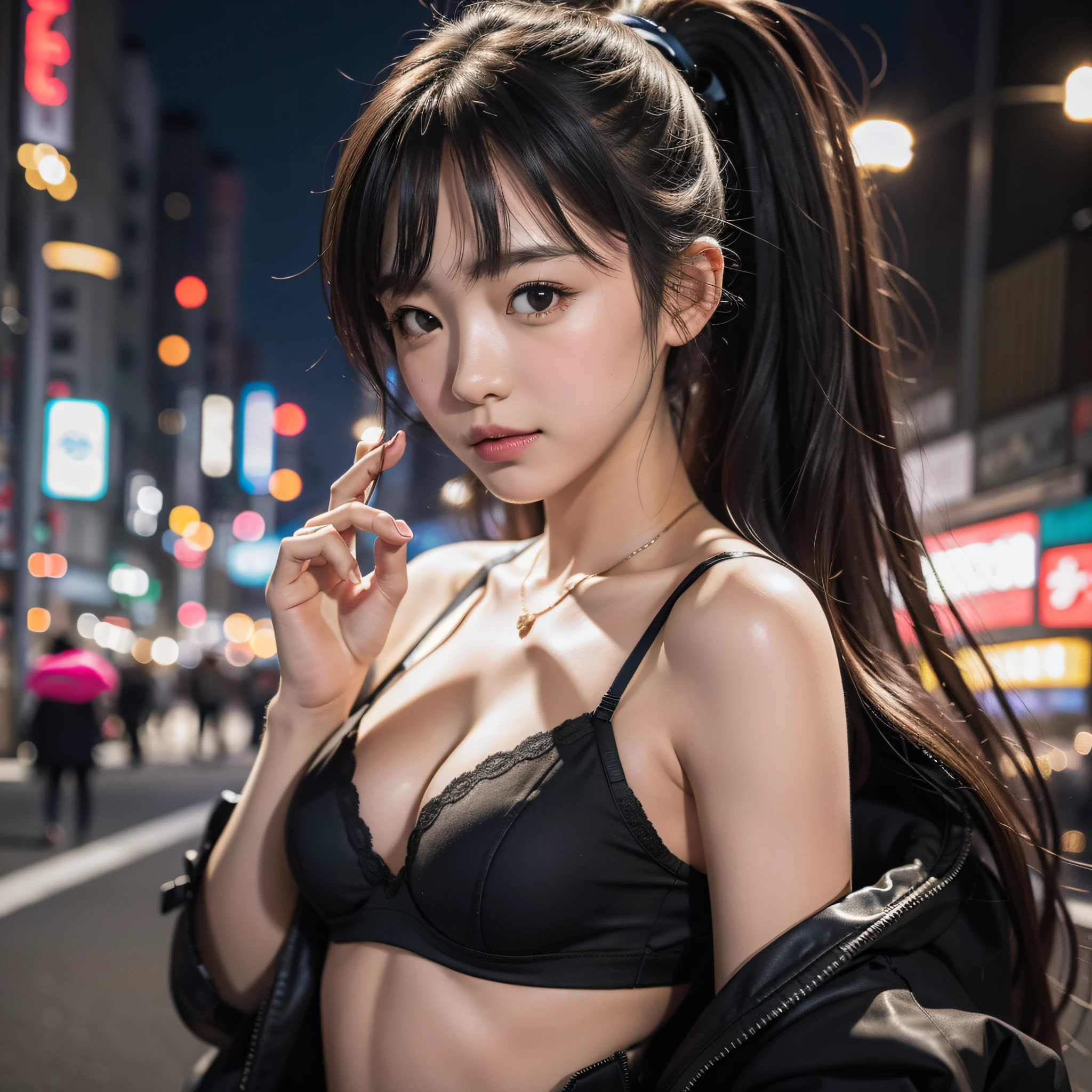 1girl in, on tokyo street, Night, Cityscape, City lights, Upper body, gros-plan, 8K, Raw photo, of the highest quality, masutepiece, Realistic, Photorealistic, Underwear,