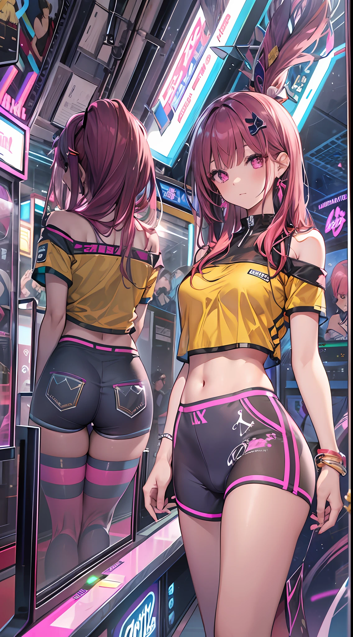 ((Masterpiece)), best quality, absurderes, ultra detailed, holographic, cowboy shot, dynamic pose, golden ratio, super cute girl, mature girl, idol girl, super beautiful asian girl with very beautiful violet glowing eyes, beautiful glowing brown multicolored hair, high ponytail, nice and sexy body, slim body, perfect body, wearing a super tight anime printed leotard, an anime printed super tight off shoulder short sleeve crop top, a super aesthetic transparent mini jacket, beautiful hair ornament, pink jordan tennis, being photographed in the dancing arcade games