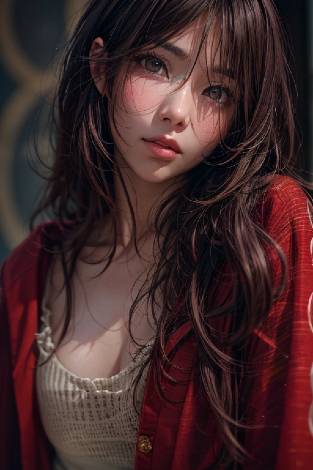 medium close-up photo of a beautiful japanese girl, adorable face, brunette long hair, no makeup, realistic skin texture, warm, low saturation, red, rich colors, by Alessio Albi, nikon d850, zeiss otus 85mm f/1.4, hyper realistic ,lifelike texture, dramatic lighting, cinestill 800