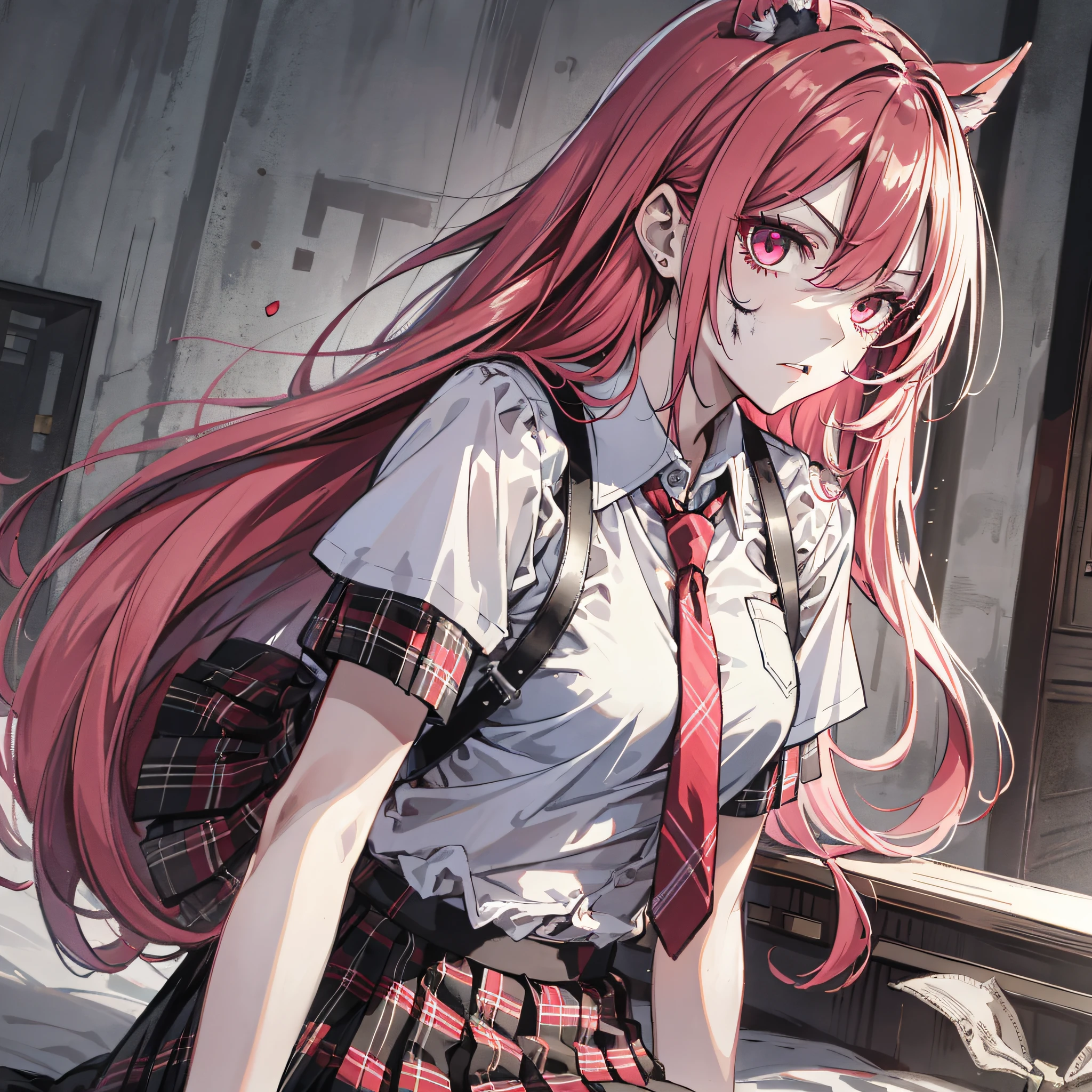 Ridiculous resolution,A high resolution,(tmasterpiece:1.4),Hyper-detailing,Pink Long Hair, 1girll, dual horsetail, Solo, red color eyes, Angry, white necktie, Pleated plaid red skirt, school uniform, Zombie role-playing,sobu,onbed,Zombie apocalypse,Zombie outbreak