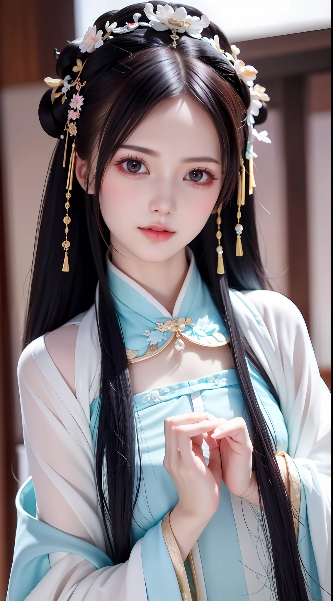 (Daisaku),(Need),(Super meticulous),best qualtiy，tmasterpiece，A high resolution，a beauti，Blushlush，Bright big eyes,Chinese Hanfu，Luxurious tiara，White light gauze Hanfu， Xianxia, conservativelydressed，choker necklace，jewelry，beautfully face，Half-life portrait，Courtyard background of ancient Chinese architecture，4k，(beautiful  detailed face),(美丽细致的眼睛)k hd，Unbeatable masterpiece