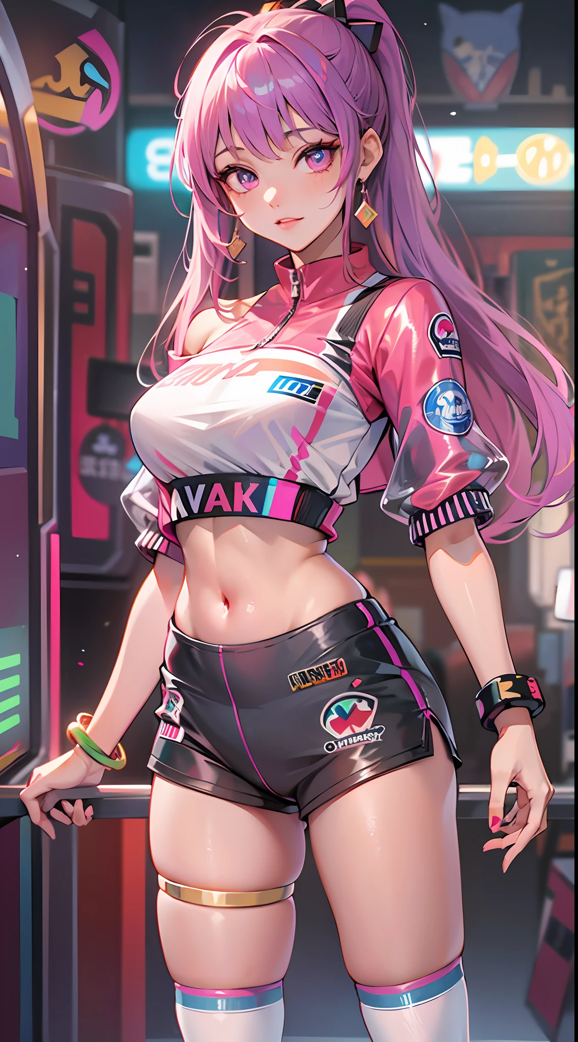 ((Masterpiece)), best quality, absurderes, ultra detailed, holographic, cowboy shot, dynamic pose, golden ratio, super cute girl, mature girl, idol girl, super beautiful asian girl with very beautiful violet glowing eyes, beautiful glowing brown multicolored hair, high ponytail, nice and sexy body, slim body, perfect body, wearing a super tight anime printed leotard, an anime printed super tight off shoulder short sleeve crop top, a super aesthetic transparent mini jacket, beautiful hair ornament, pink jordan tennis, being photographed in the dancing arcade games