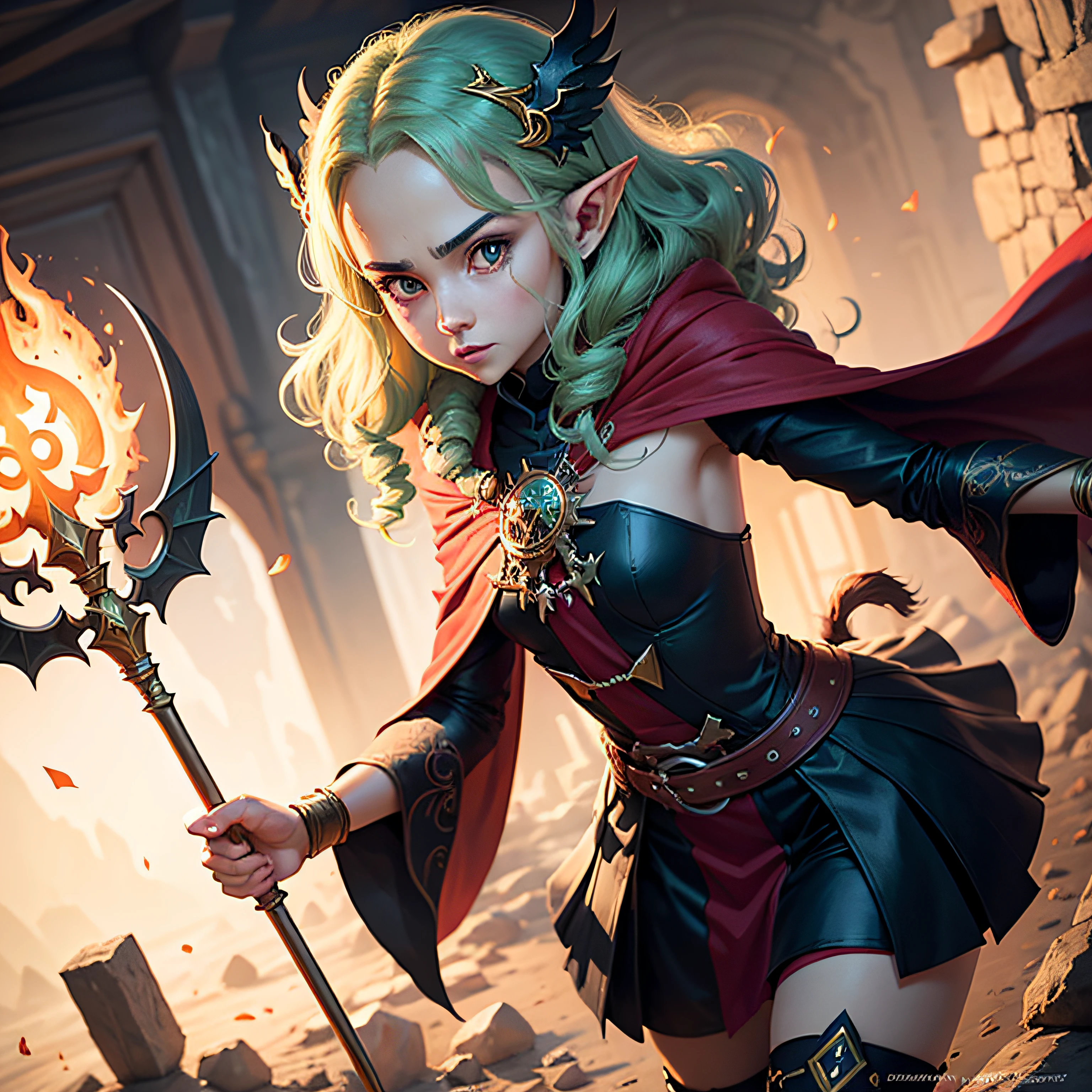 Start with a basic outline of a Necromancer Elf, with a staff of green souls in one hand and wearing a red cape with gold and black details. Add some features of Onubis and Shinigami, Like a helmet with wings and boots with gold accents to add a more authentic touch to the character. Para dar ao Elfo Necromante um toque fofo, Exaggerate the dimensions of your head and ears and add rosy cheeks. Use cores vibrantes e Sombrias para dar vida e contrate ao desenho, com sombras e destaques que criam profundidade e textura. Adicione um fundo adequado para o desenho, como por exemplo, a scenario that shows the scimitar or a simple background that does not distract the character's attention. Para finalizar, Add some clean, crisp lines that highlight the character's characteristics and add a more "cartoonish" touch to the drawing. --auto