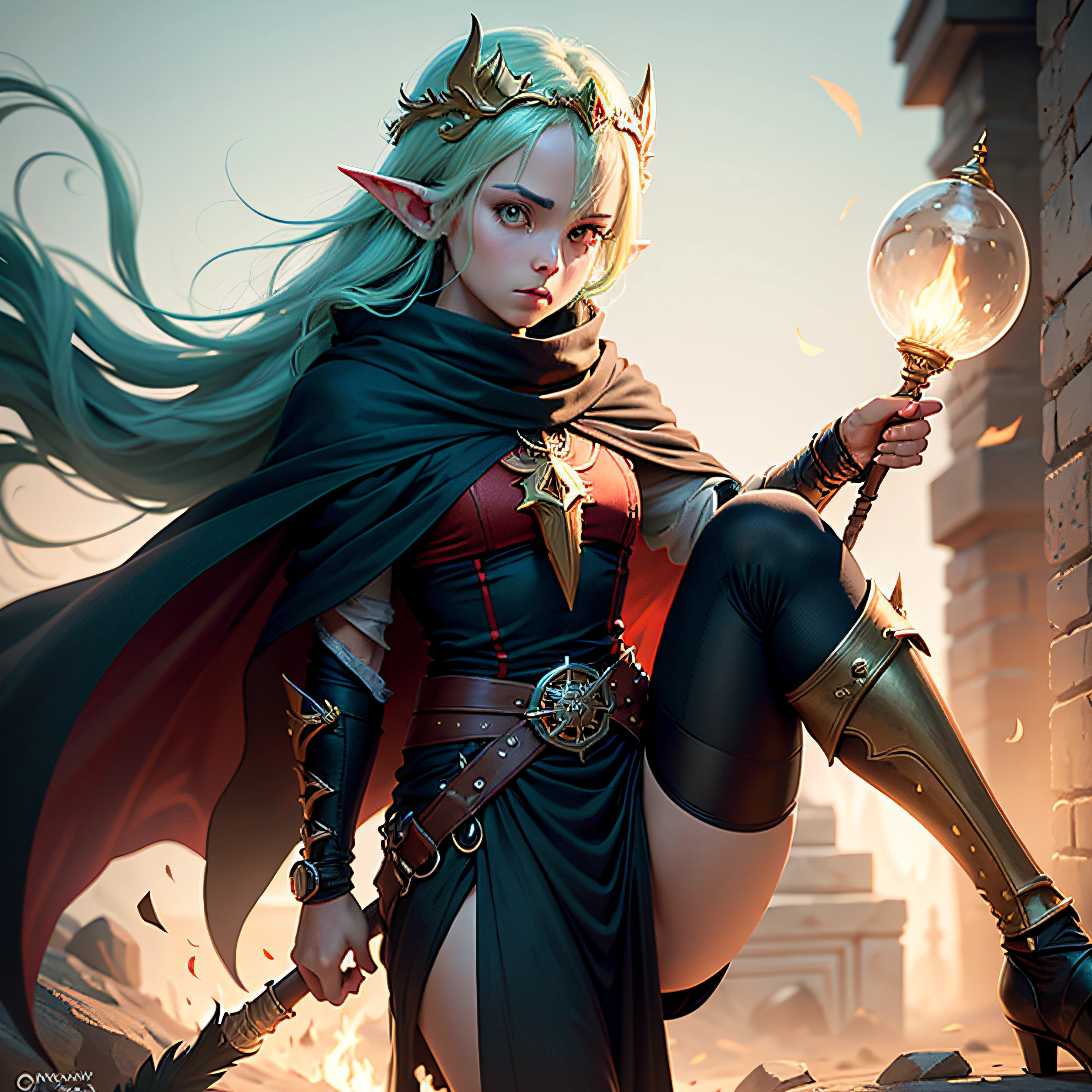 Start with a basic outline of a Necromancer Elf, with a staff of green souls in one hand and wearing a red cape with gold and black details. Add some features of Onubis and Shinigami, Like a helmet with wings and boots with gold accents to add a more authentic touch to the character. Para dar ao Elfo Necromante um toque fofo, Exaggerate the dimensions of your head and ears and add rosy cheeks. Use cores vibrantes e Sombrias para dar vida e contrate ao desenho, com sombras e destaques que criam profundidade e textura. Adicione um fundo adequado para o desenho, como por exemplo, a scenario that shows the scimitar or a simple background that does not distract the character's attention. Para finalizar, Add some clean, crisp lines that highlight the character's characteristics and add a more "cartoonish" touch to the drawing. --auto