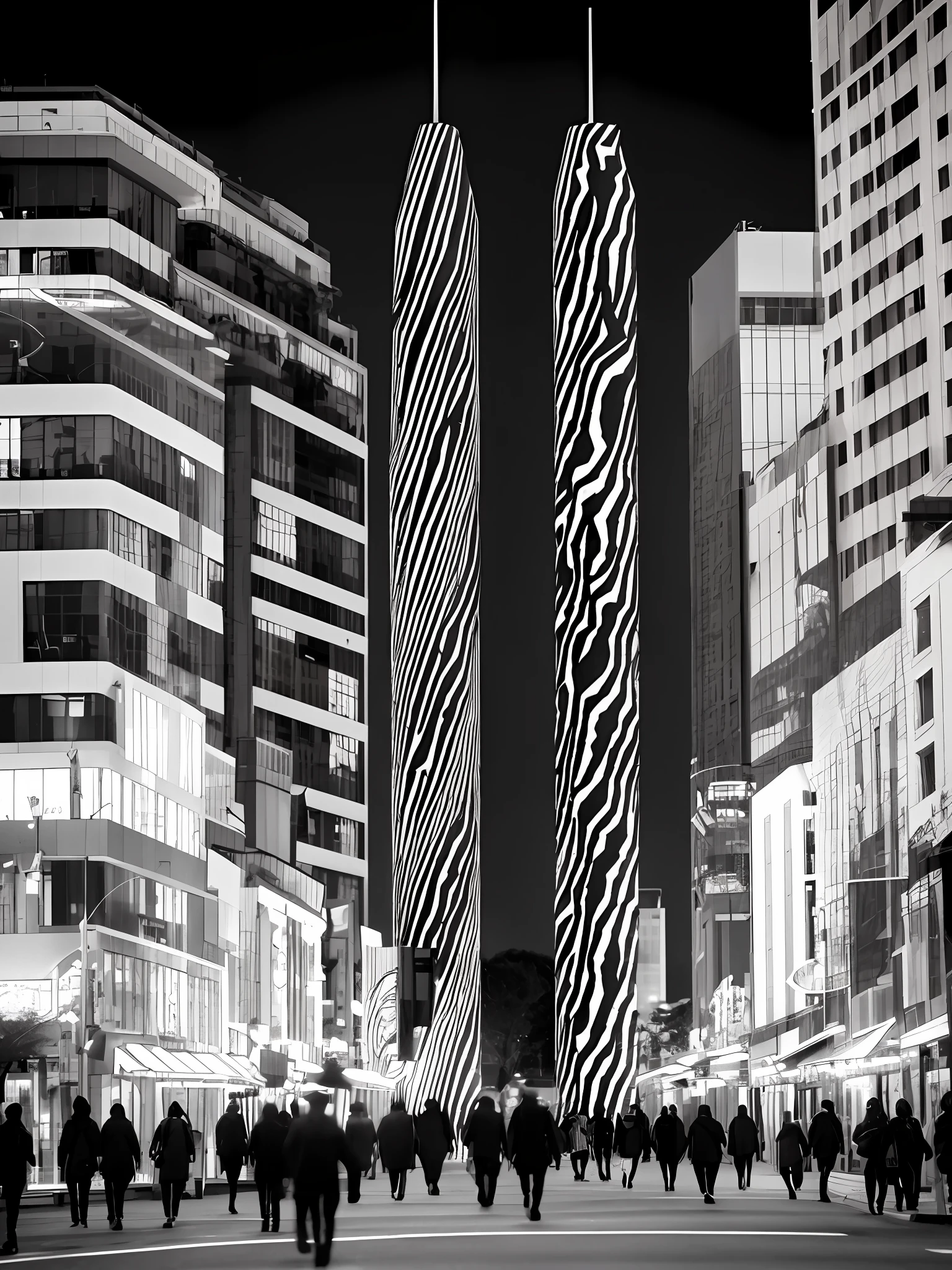 Zebra pillars on the city square,People are moving around, the photo shows a large, a creature 5 meters tall, taken with sony alpha 9, dazzle camouflage!!, author:vivy, made of ferrofluid, zebra, taken with a Sony A7R camera, photo taken at night, In the middle of the city, shot on iphone 1 3 pro max