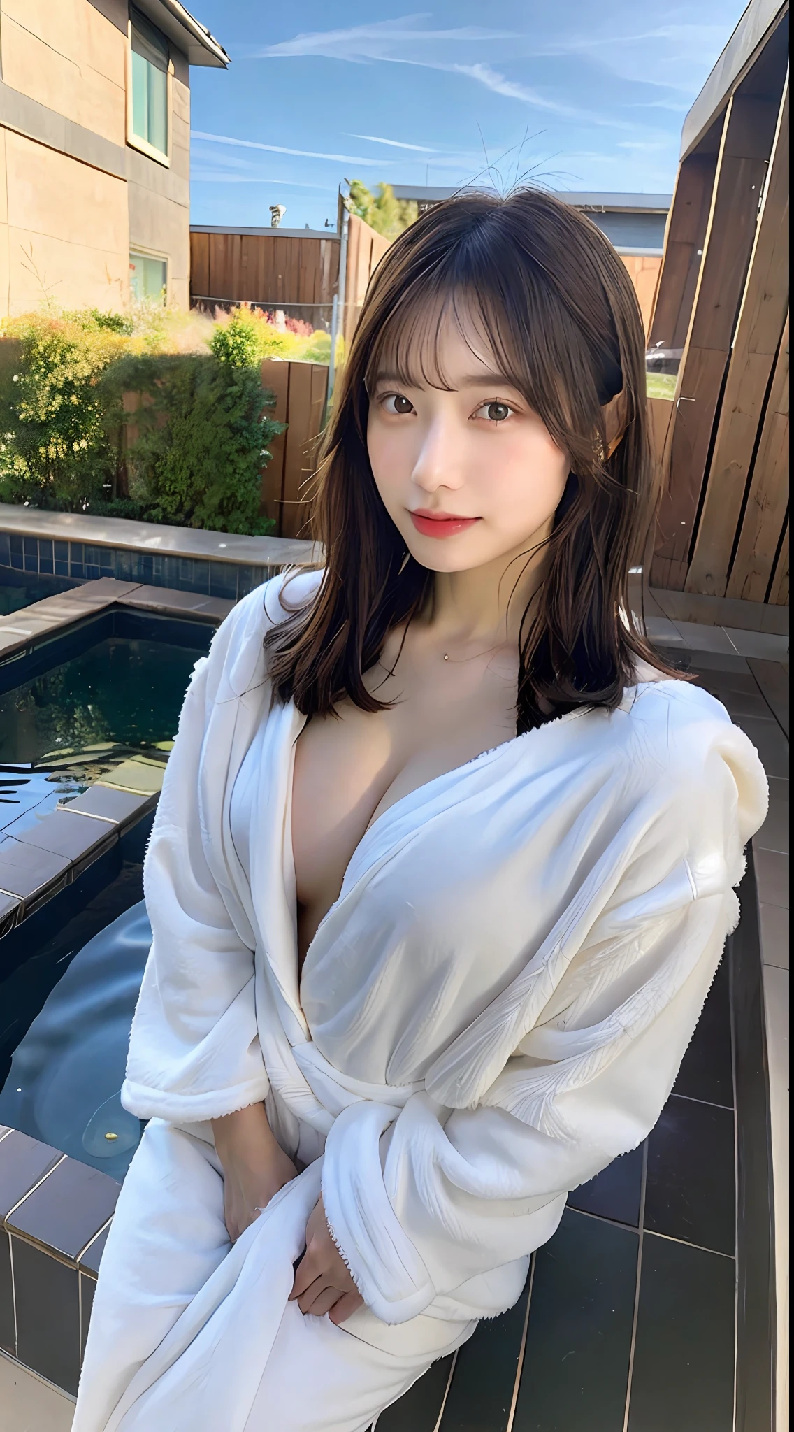 ((top-quality、in 8K、masterpiece:1.3))、foco nítido:1.2、Beautiful Women in Perfect Style:1.4、Slender Abs:1.2、((dark brown hair、Colossal tits:1.2))、(outdoor bath:1.1)、Highly detailed facial and skin texture、A detailed eye、二重まぶた、bath robe、The chest is open、fully body photo、outdoor bath