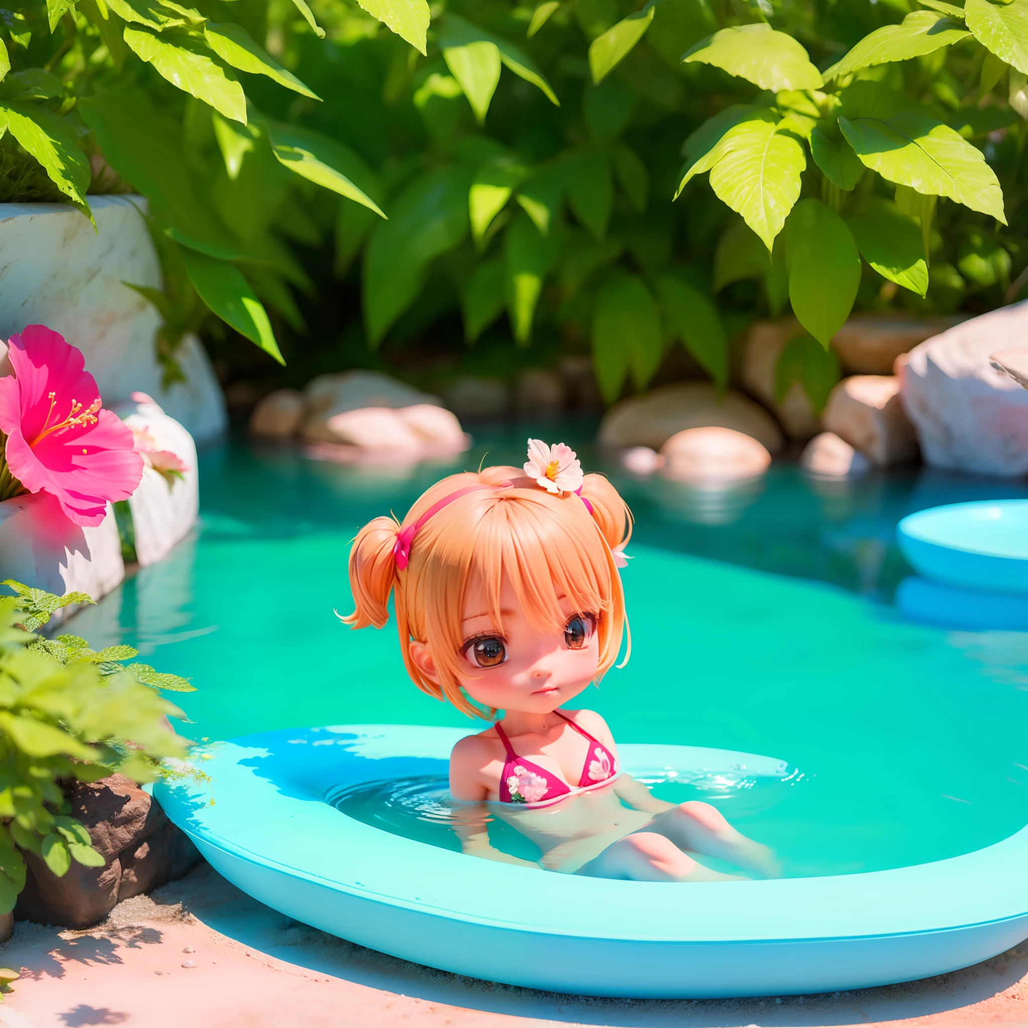 masterpiece (((chibi 3d))) Detailed open-air bath in a secluded area Bikini with detailed hibiscus print steam steams playing in the water
