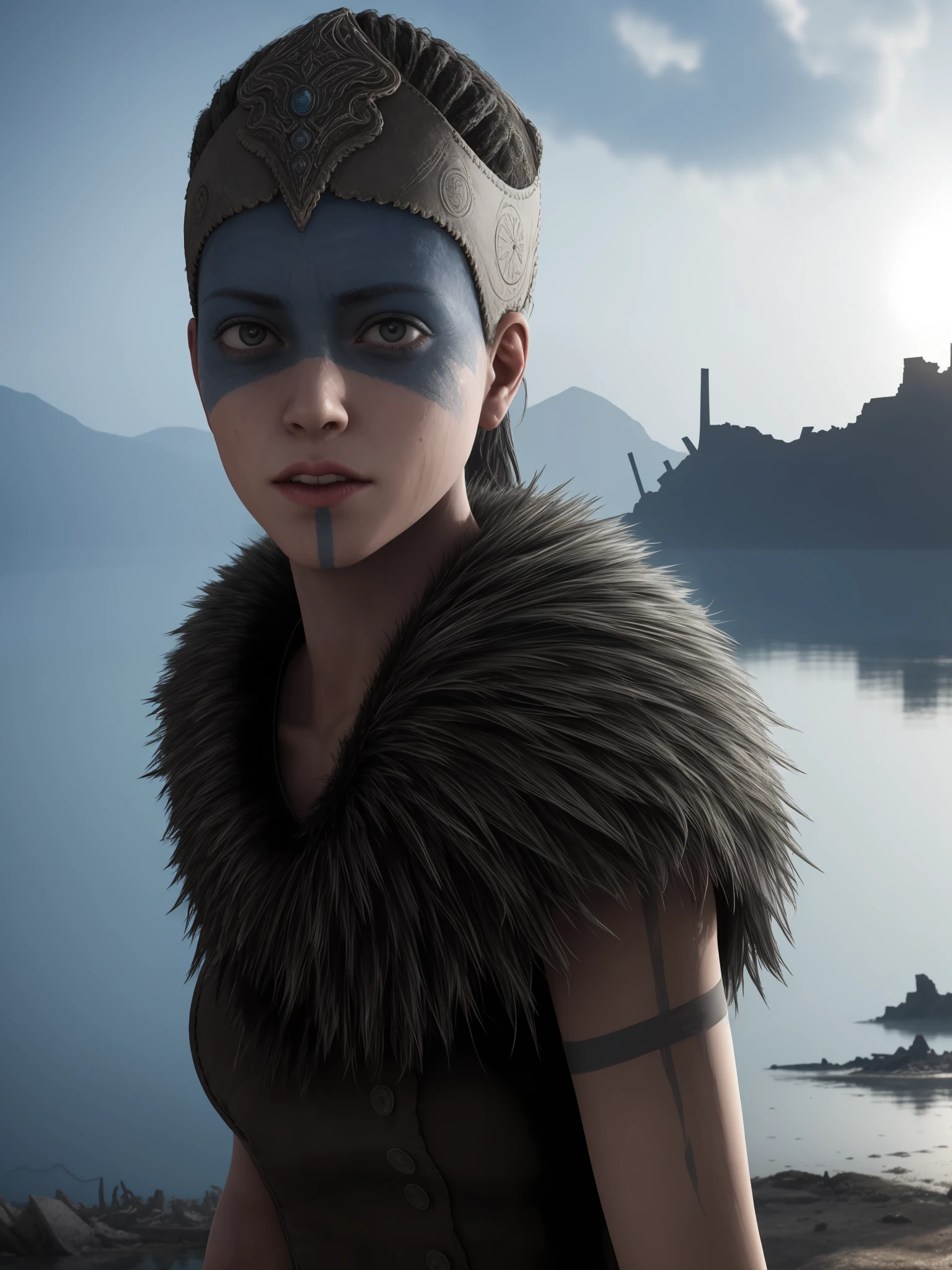 close up hellbladesenua standing in a ruined city near to a lake, bright weather, cute face, dramatic lighting, wallpaper, intricate, sharp focus, ray tracing, rtx, professionally color graded, professional photography, masterpiece, ultra detailed, high quality, best quality, 4k, 8k, raw