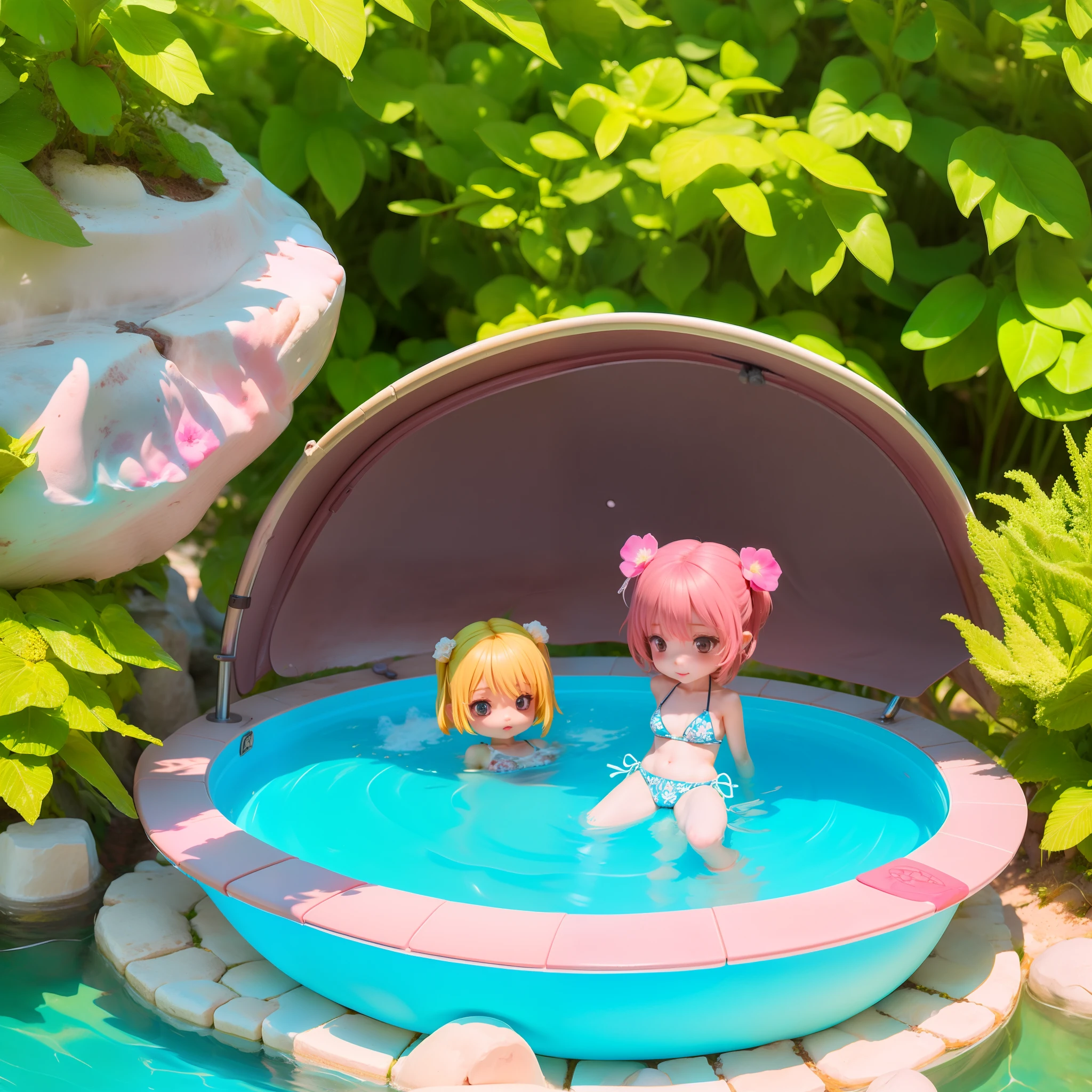 masterpiece (((chibi 3d))) Detailed open-air bath in a secluded area Bikini with detailed hibiscus print steam steams playing in the water
