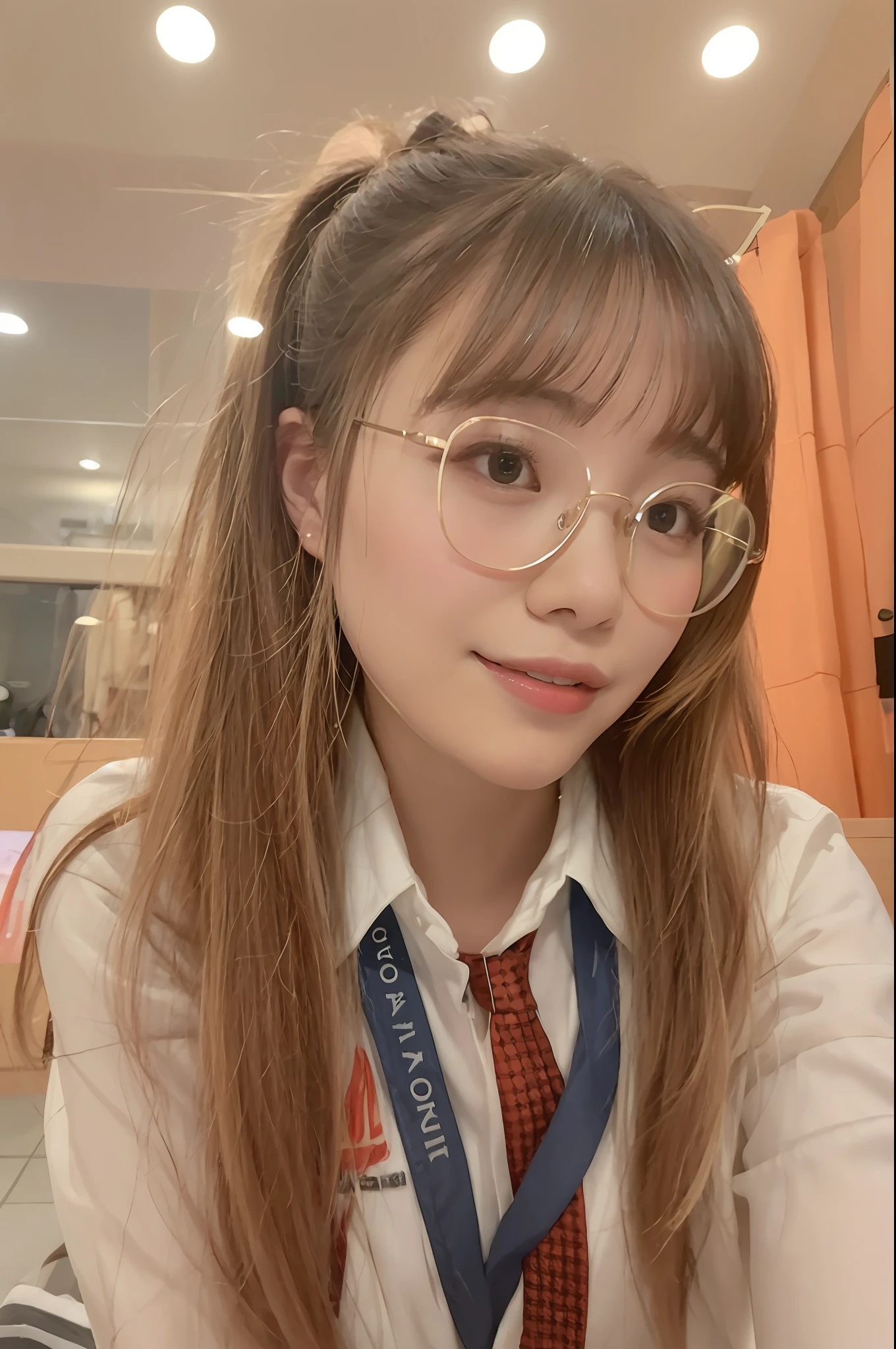there is a woman with glasses and a tie sitting at a table, with glasses, dang my linh, ruan cute vtuber, 1 8 yo, 18 years old, profile image, 19-year-old girl, lalisa manobal, young and cute girl, with glasses on, very low quality, leaked image, mai anh tran