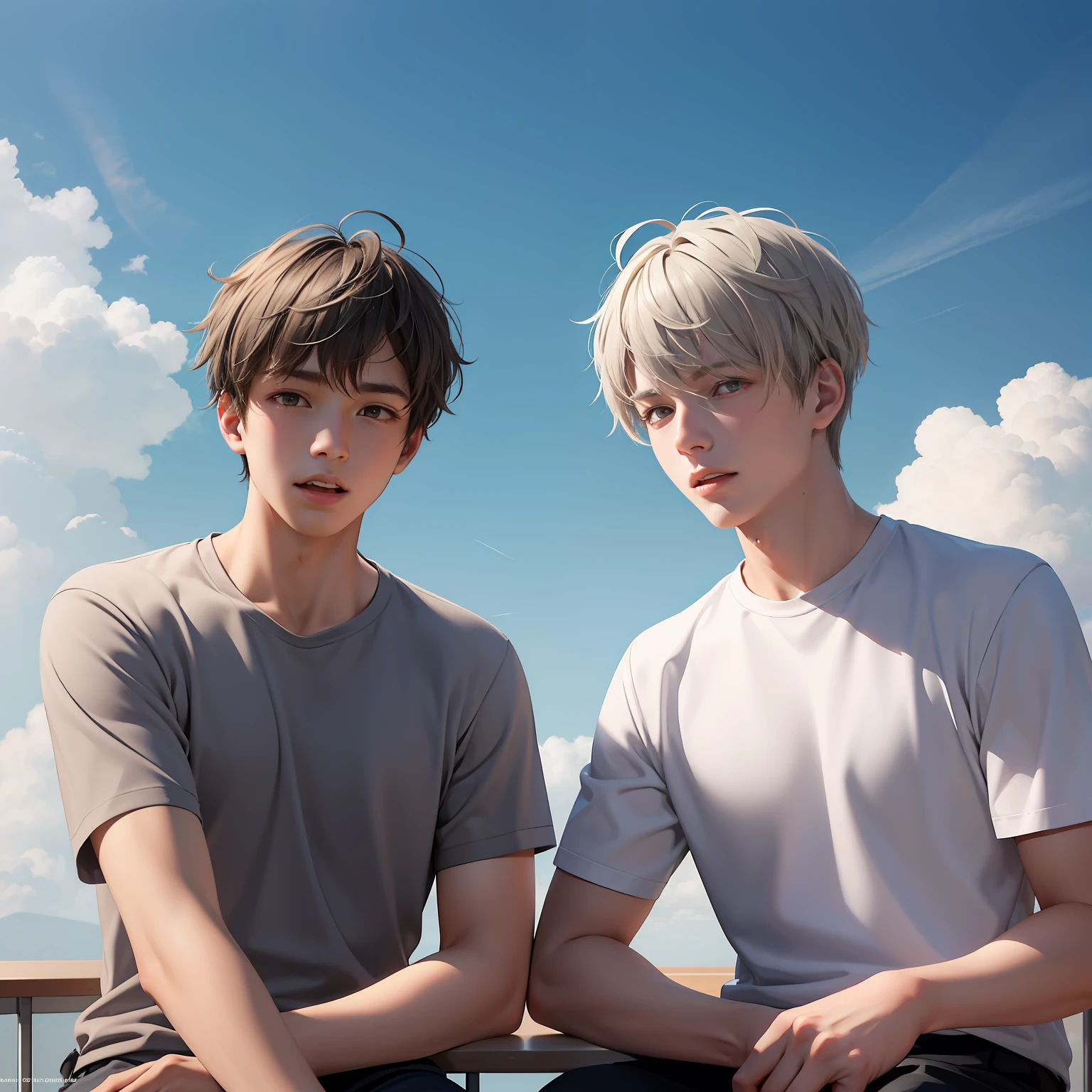 Two -yeld tege male friends with brown skin light gray hair like the clouds at school share a secret that they are friends almost like brothers.