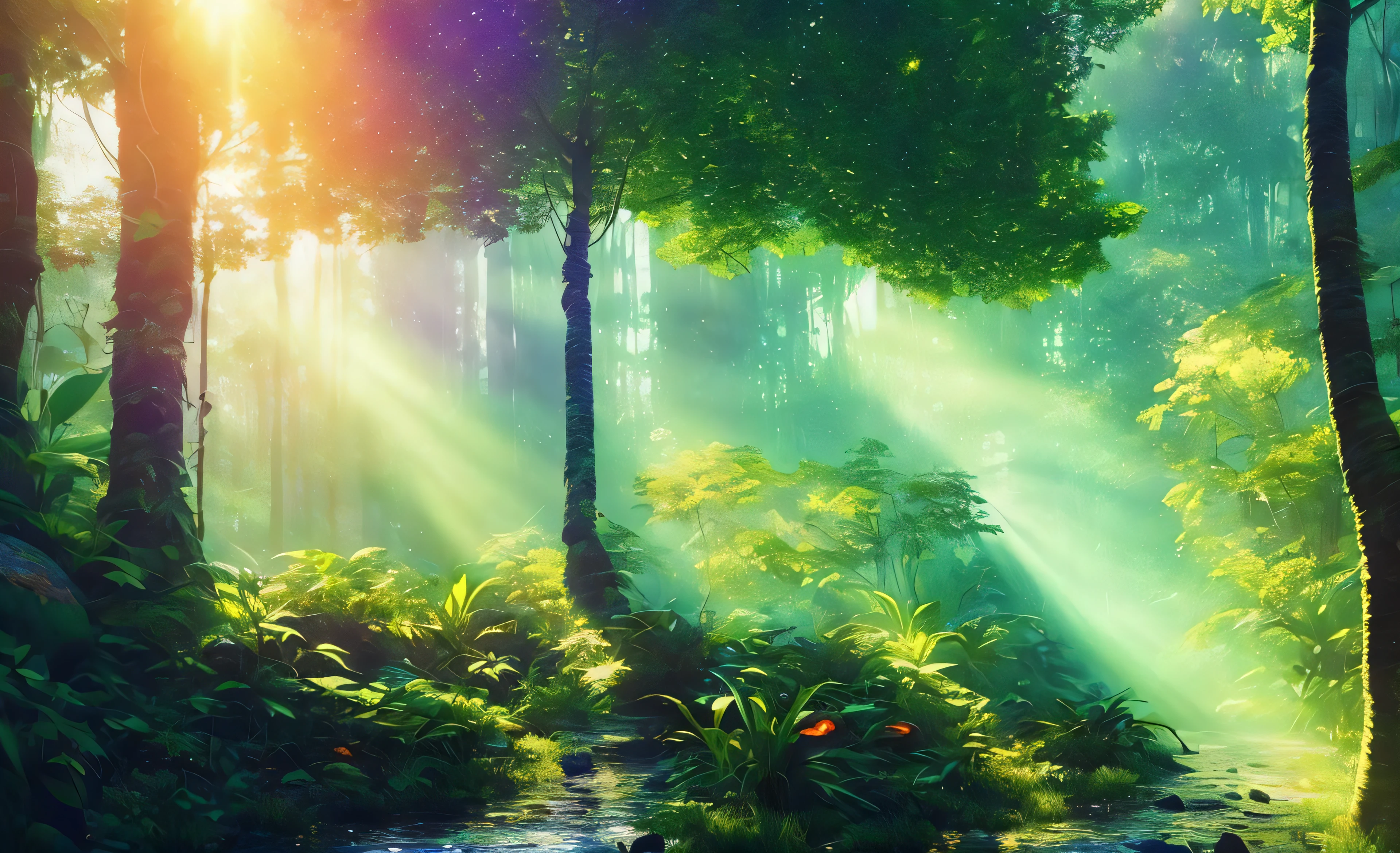 Analog style, ChromaV5,nvinkpunk,(extremely detailed CG unity 8k wallpaper), A Landscape of a rainforest, lens flare,award winning photography, Chromatic Aberration, Detailed , HDR, Bloom, style by Monet, Pissarro, and Sisley ,trending on ArtStation, trending on CGSociety, art by midjourney