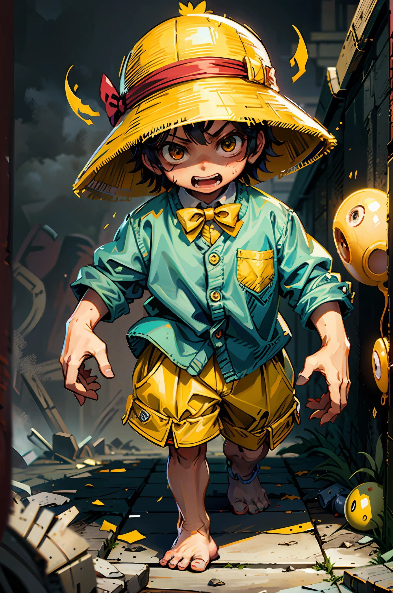 Boy with big yellow hat and red bow tie:1.3, Wearing a light blue shirt with yellow buttons:1.4、5 zombies walking in the background:1.2, Ruins、character with a hat, cartoon image, Yellow shorts:1.6, Male , Cute:2,