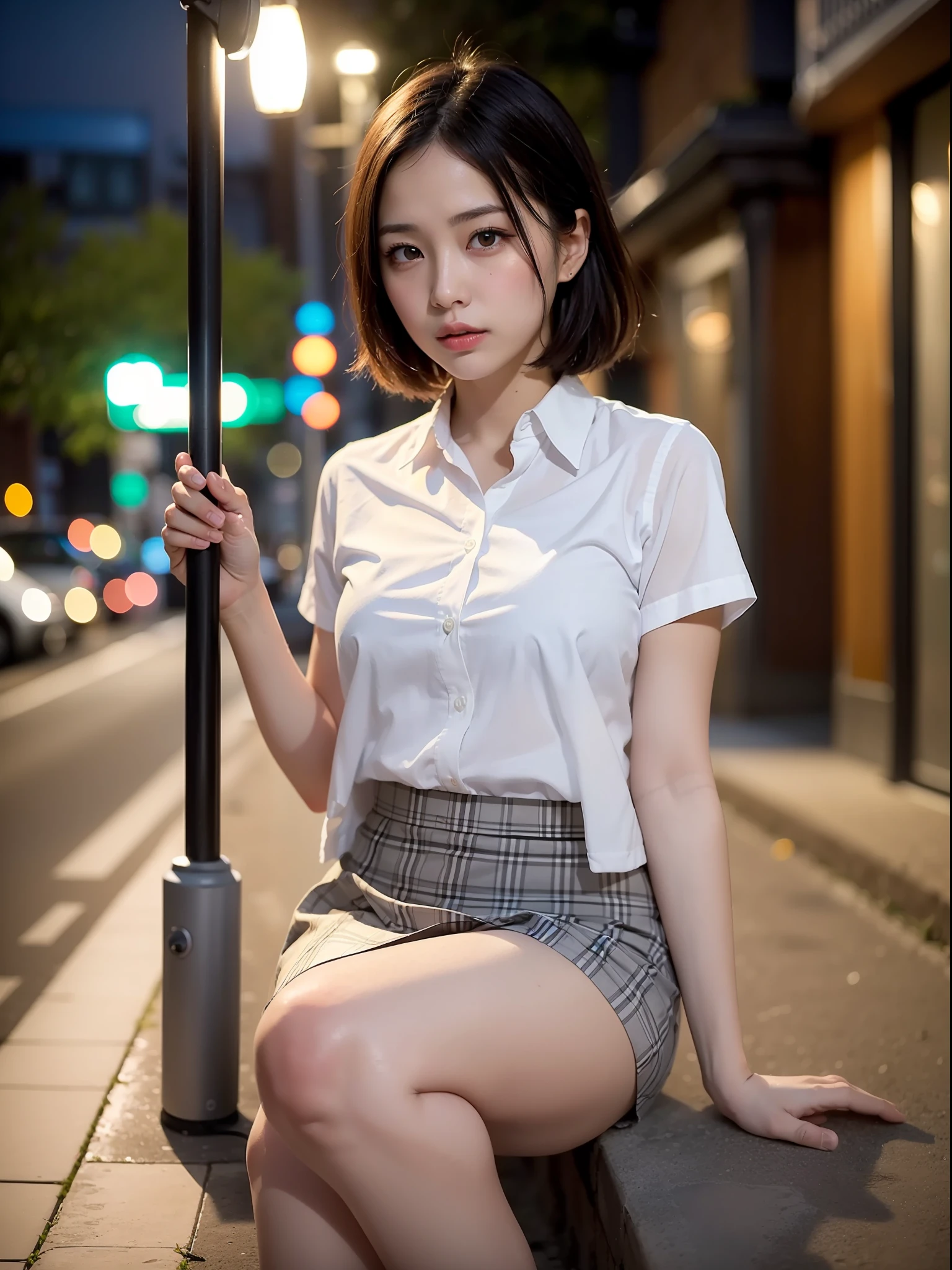 ((top quality, 8k, masterpiece: 1.3, raw photo)), Sharp Focus: 1.2, (1 aespa girl: 1.2), (Realistic, Photorealistic: 1.37), (face focus: 1.1), cute face, small breasts, flat chest, short messy hair, (wet long button white shirt: 1.1), she is rolling up her skirt, showing white panties, Beautiful Woman Sitting Under Street Lamp Light, cinematic lighting
