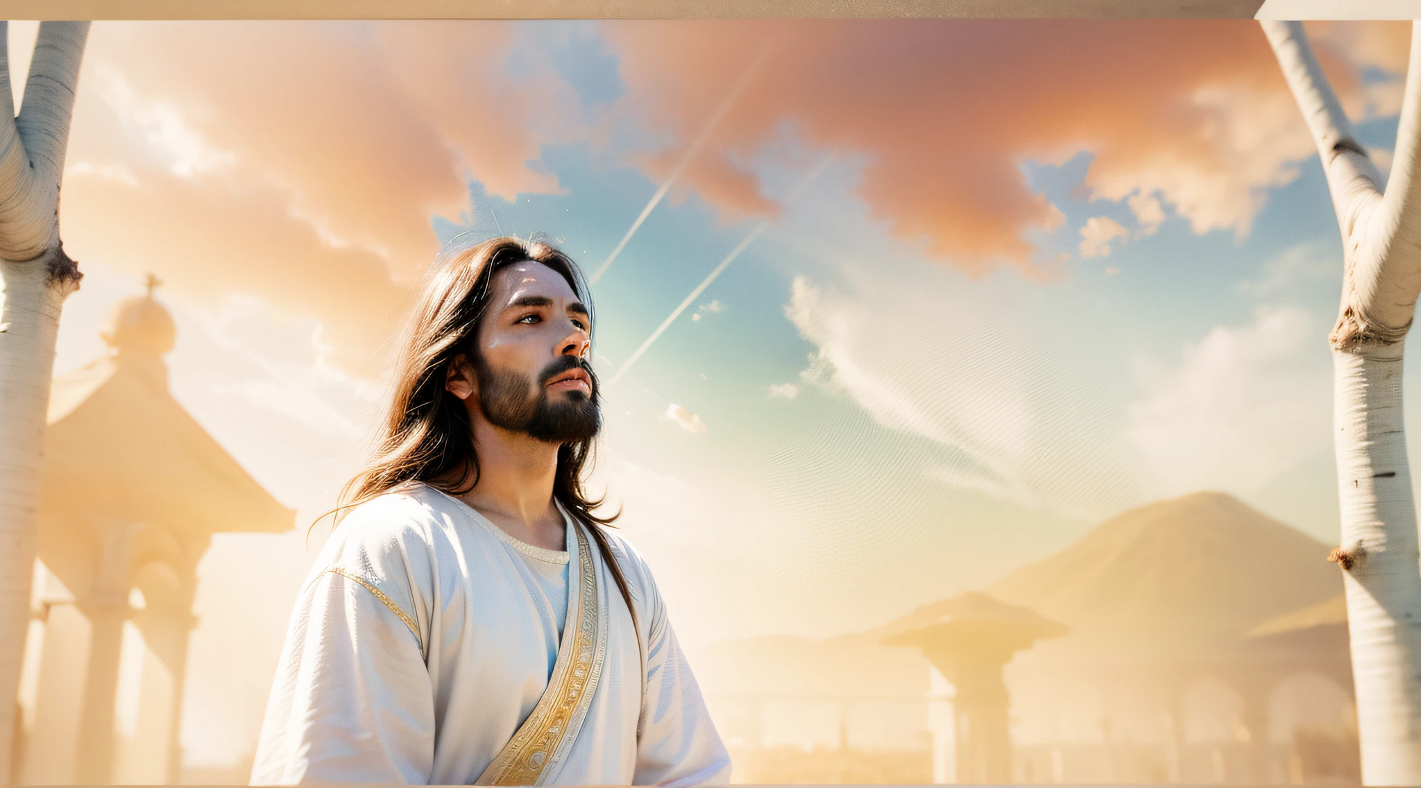 an illustration of Jesus in the open air, mais alto que os montes, com muita luz saindo de seu corpo, inspirado no estilo de arte em aquarela do aquarelista John.
Temperatura de cor azulada, serene facial expression, soft lighting and divine atmosphere