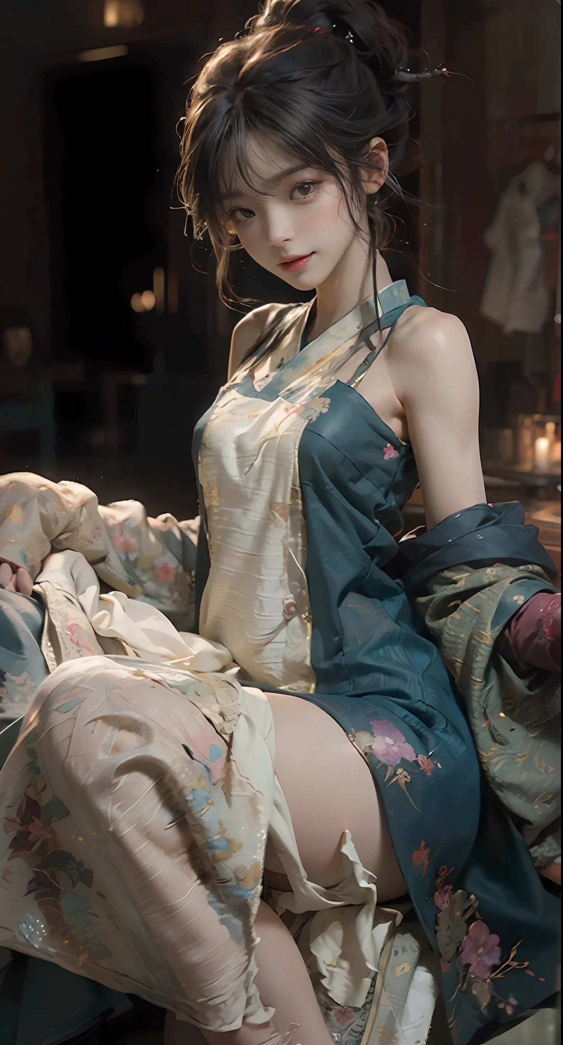 ((Best picture quality, 8K, tmasterpiece:1.3)), 1girll, Beautiful woman with slender abs:1.3, (Casual hairstyle:1.2),intricate detailed clothes , Fine fine skin，Messy hair，Ultra-fine face, A detailed eye, 二重まぶた，is shy，dynamicposes，ssmile，Hanfu，Slip dress，High detail official artwork，detailed anime art，portrait of a female anime hero，