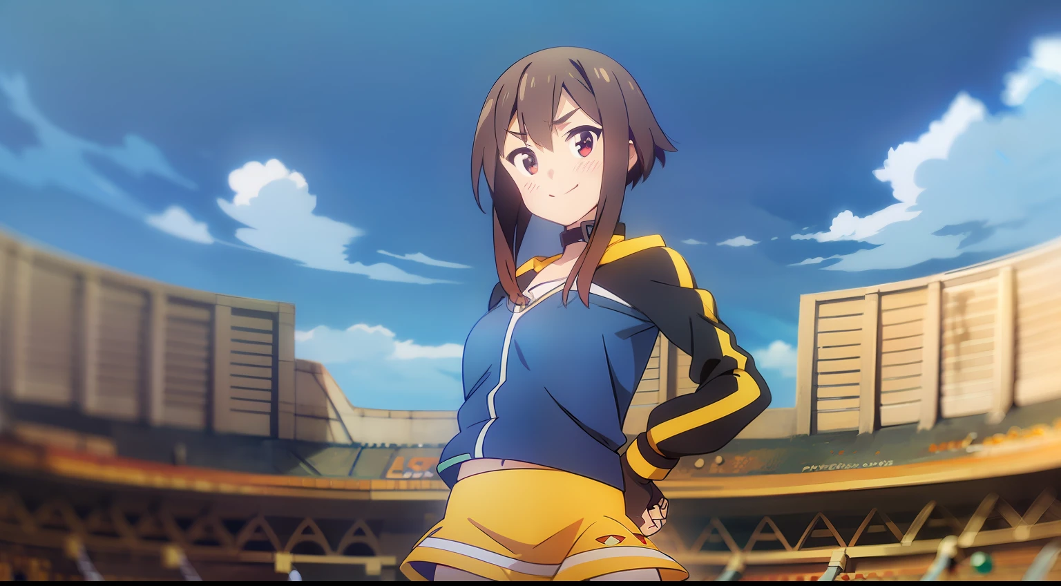 megumin, standing, looking at viewer, (no headwear), brown hair, short hair, red eyes, blush, black choker, with a blue and yellow adidas sports jacket, dressed in long blue and yellow adidas sports pants that cover the legs, and black sneakers, long sleeves, blue gloves, fingerless gloves, skindentation, Smile, cowboy shot, konosuba anime style, la bombonera stadium background with blue and yellow flags