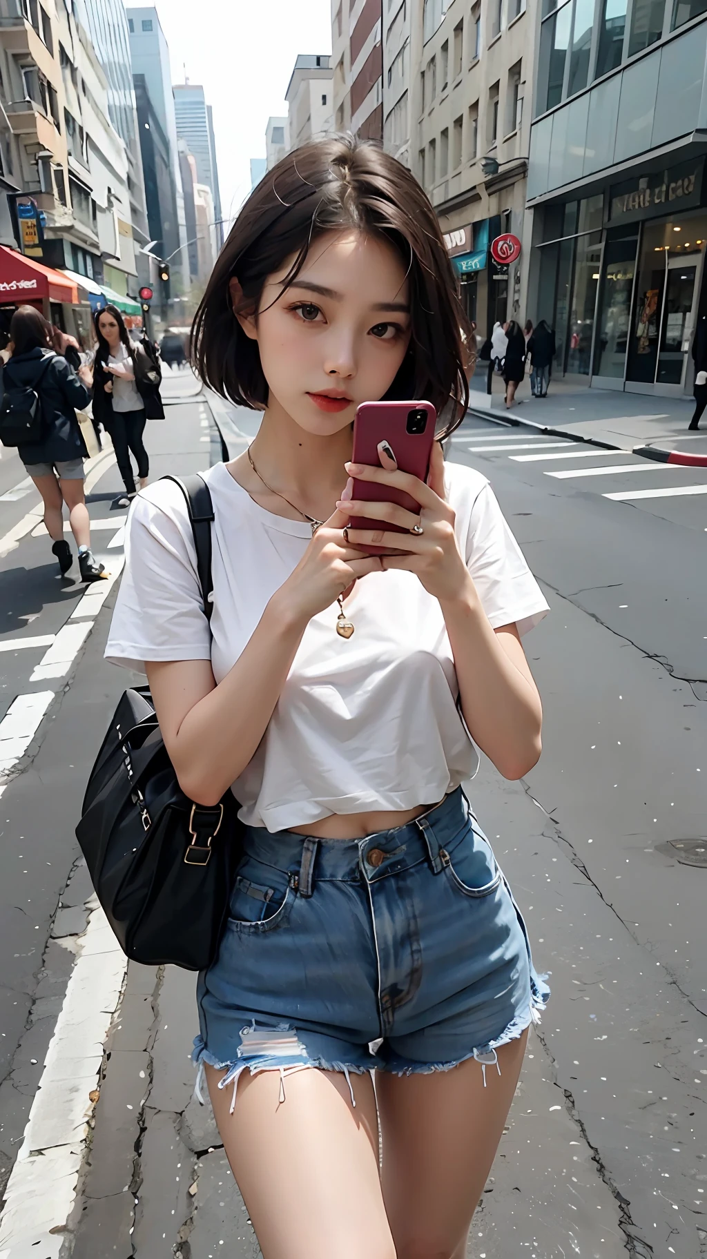 Beautiful woman, fiddling with cell phone in the middle of the street, short clothes