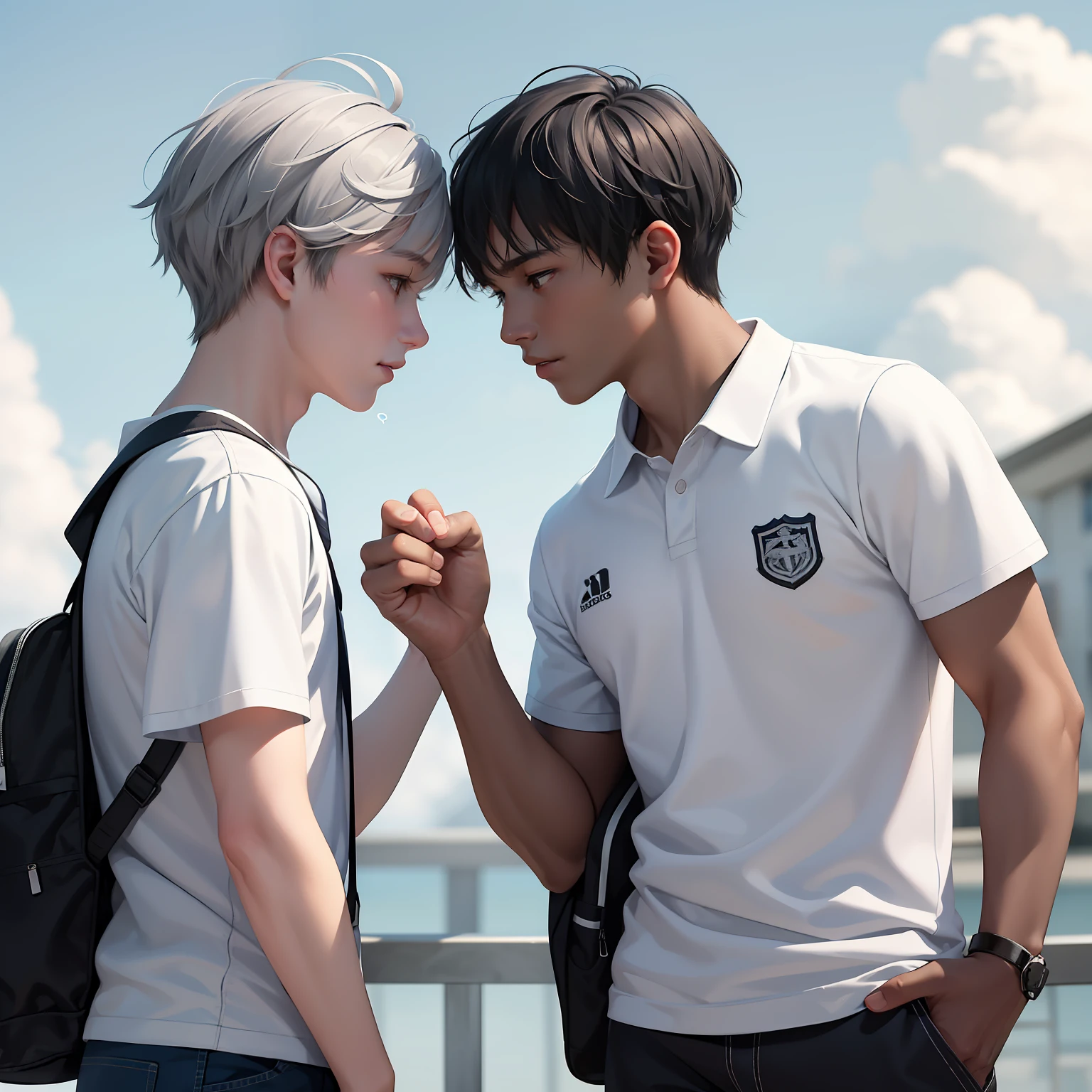 Two 15-year-old male age friends with dark skin and cloud-light gray hair at school share a secret that they are friends almost like brothers...