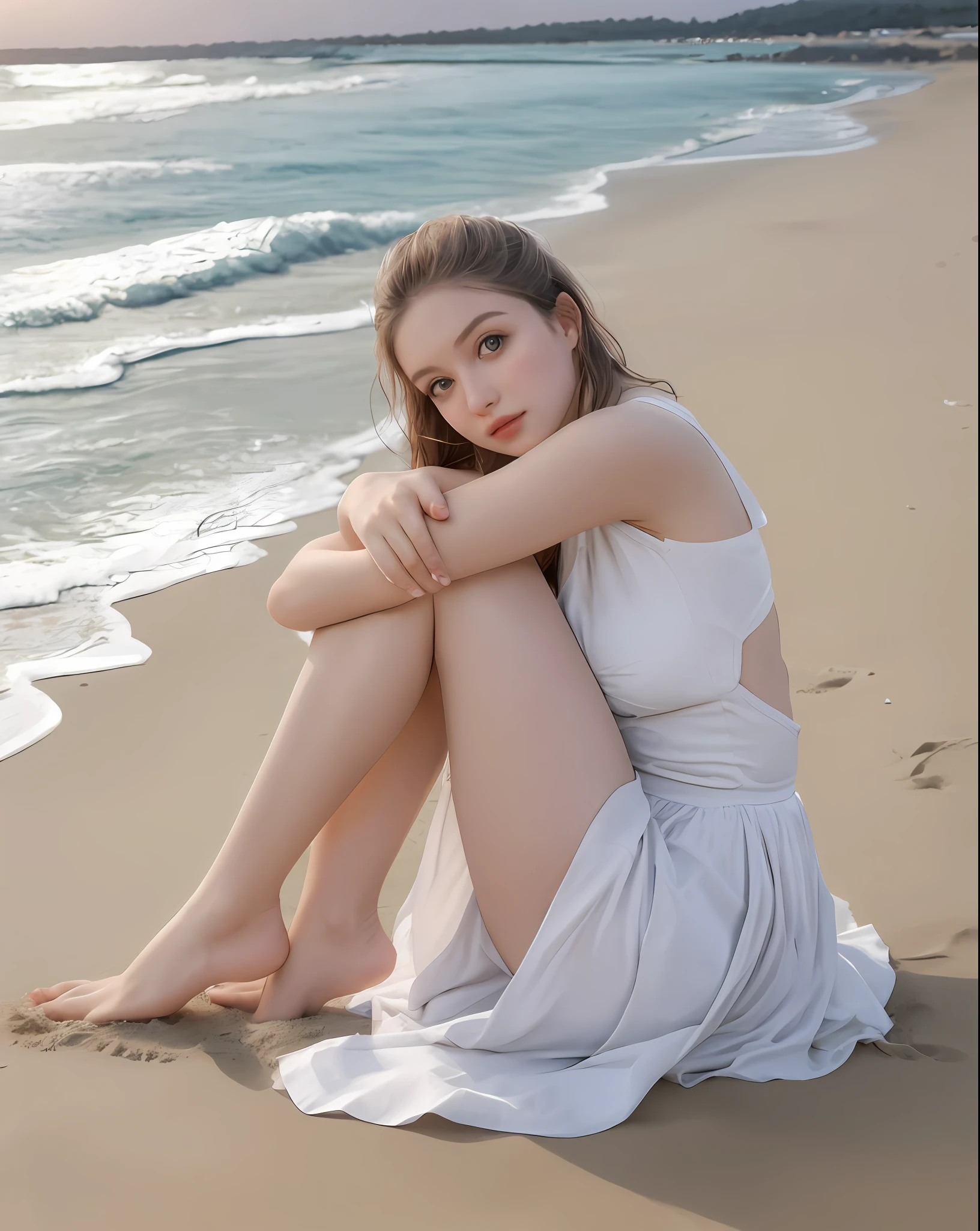 arafed woman sitting on the beach with her legs crossed, posing on a beach with the ocean, posing on the beach, laying on sand, on the sand, modeling photography, sitting on the beach, in white clothes, girl on the beach, a beautiful woman in white, solo photoshoot, laying on a beach, laying on beach, anna nikonova aka newmilky