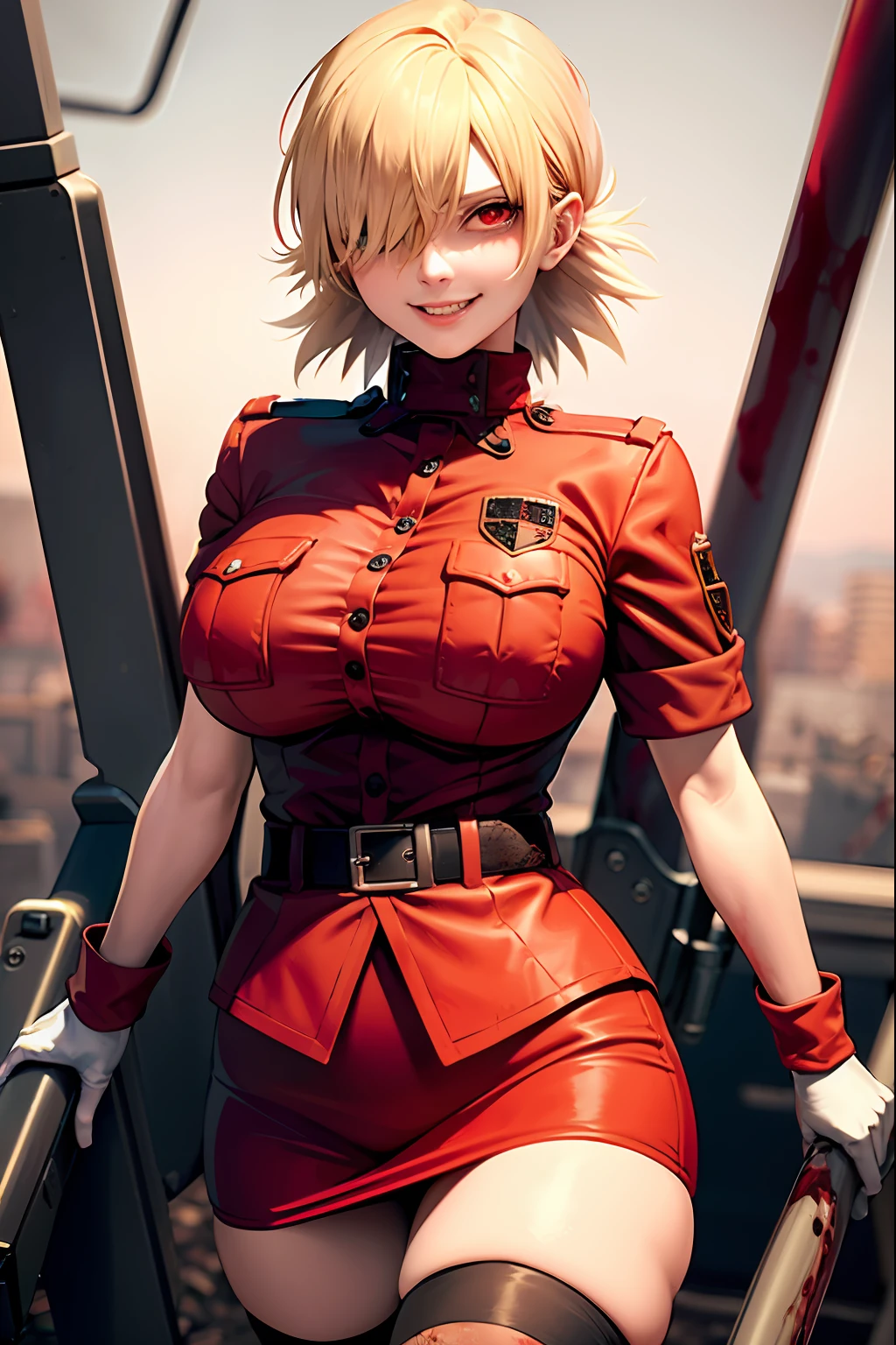 (masterpiece, best quality:1.2), (covered in blood,:1.3) walking, seras victoria, hellsing, 1girl, solo, hair over one eye, smile, sharp teeth, short hair, blonde hair, glowing red eyes, huge breasts, red uniform, military uniform, red skirt, red gloves, belt, (black thighhighs:1.1), torn thighhighs, night sky, outdoors, (holding, anti-materiel rifle:1.1),