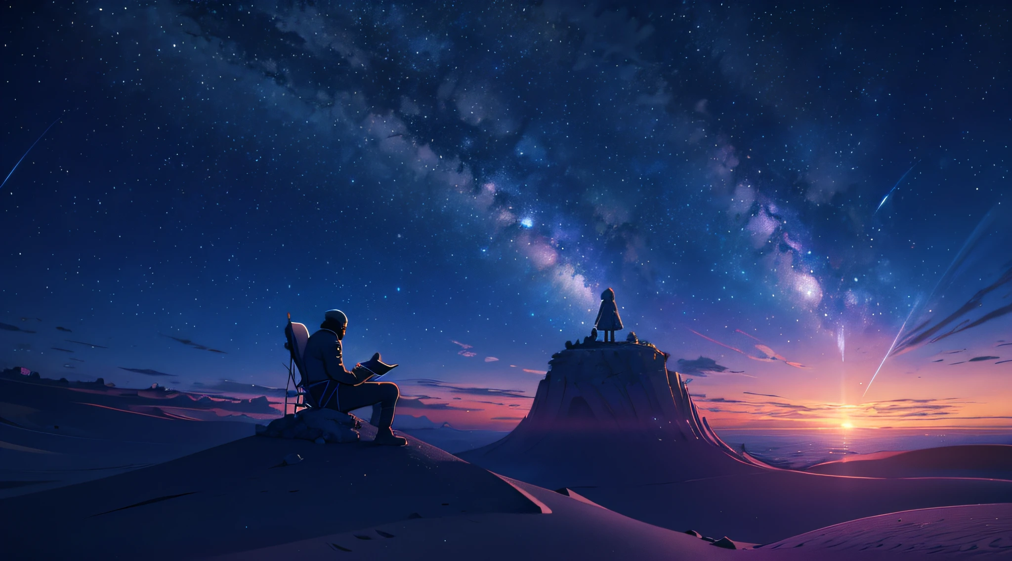 Um homem com traje espacial sentando em uma pedra , lendo, planeta deserto, 3d, starly sky, noite de luar. . --auto