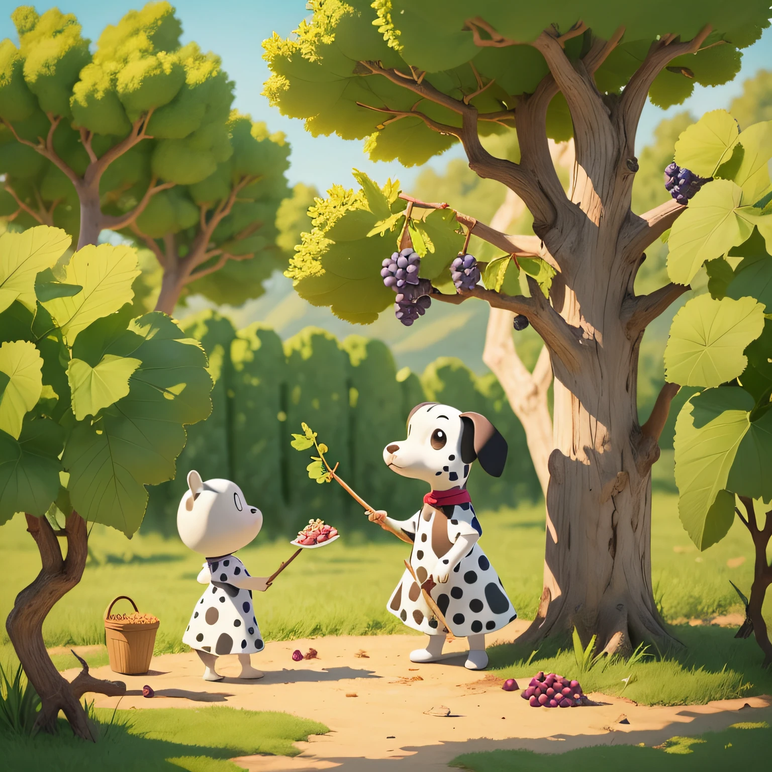A cartoon Dalmatian picks grapes with a stick in a vineyard, storybook illustrations, drools, naive art, children illustration, Children's book illustration, children's book illustrations, Storybook illustration, cute storybook illustration, children's book illustrations, children's book illustrations, storybook illustrations, children's book illustrations --auto
