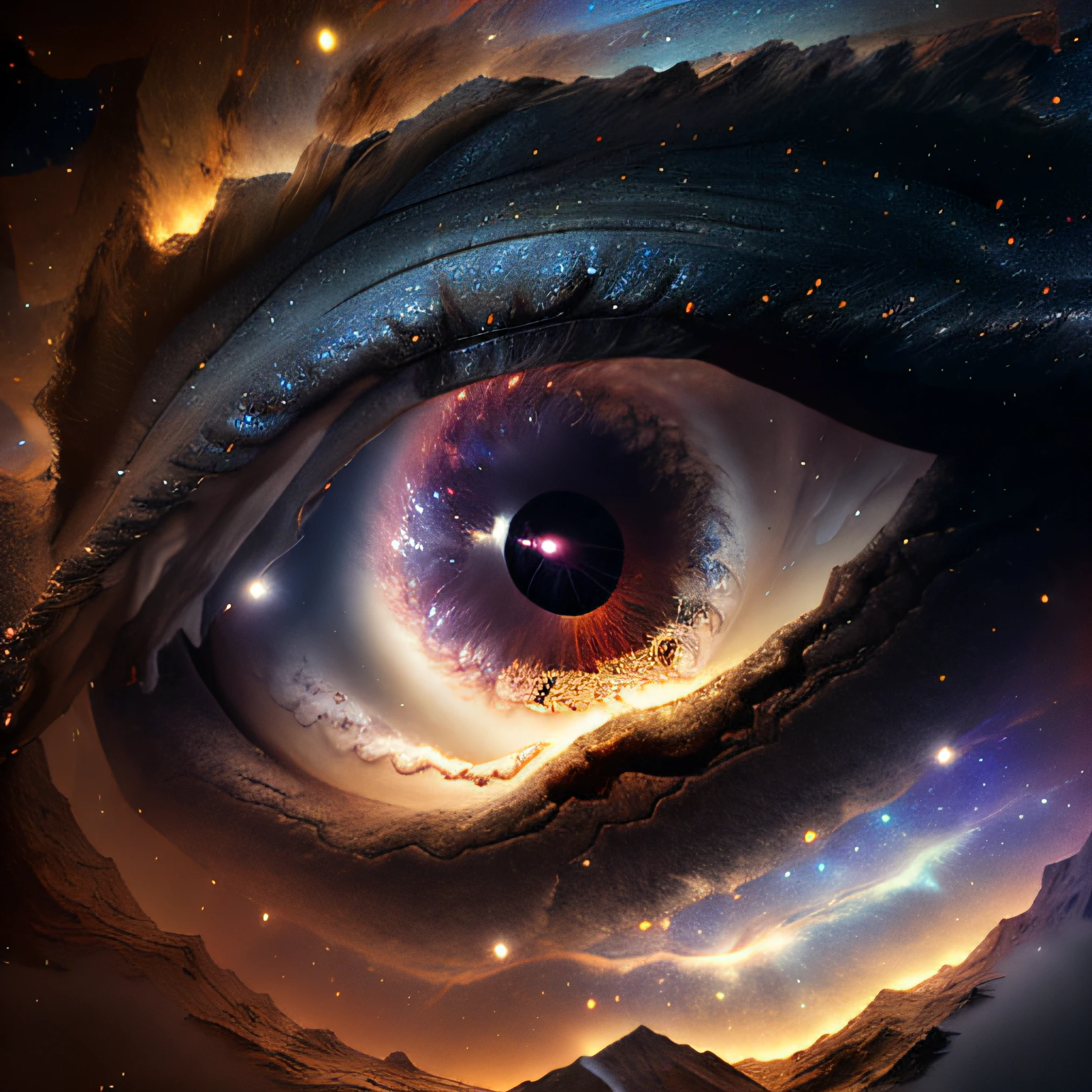 masterpiece, sharp, ultra detailed, 8k,an eyes made by milky way, the midle of the eye is a black hole,( human eye shape), ((soft dimmed light)), angle view, best quality, dimmed, (high detailed background:1.2),8k uhd, dslr, soft lighting, high quality, film grain, Fujifilm XT3, intricate detail,