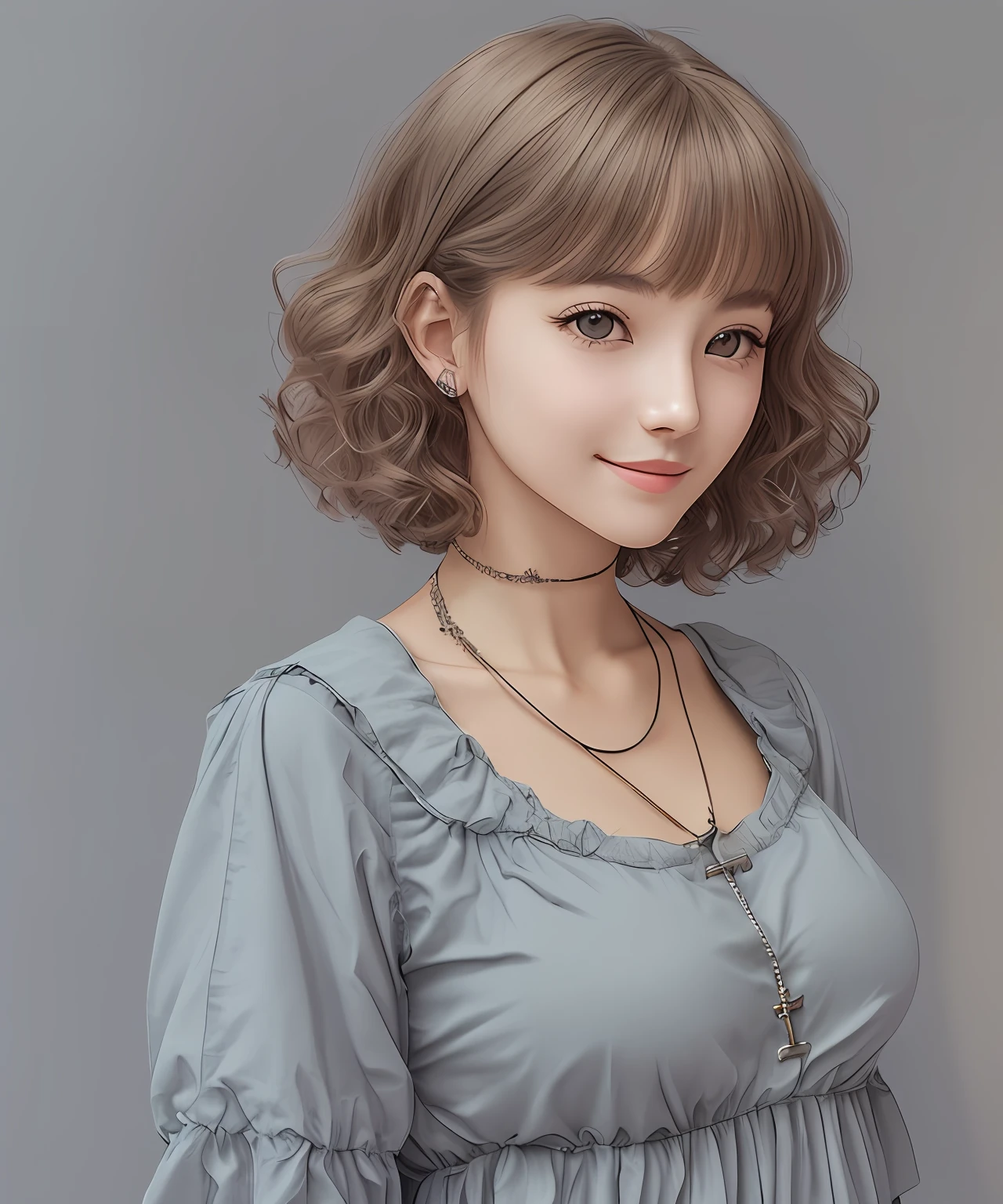 euroasia girl, 24 years old, short  hair curly with grey color, blue-hazel eyes, oval face, small lips, long nose, quiet and calm personality, little smile on her face, wear sack dress with average , wear cross necklace with C letter on it, 128k quality,  phot realistic --auto --s2