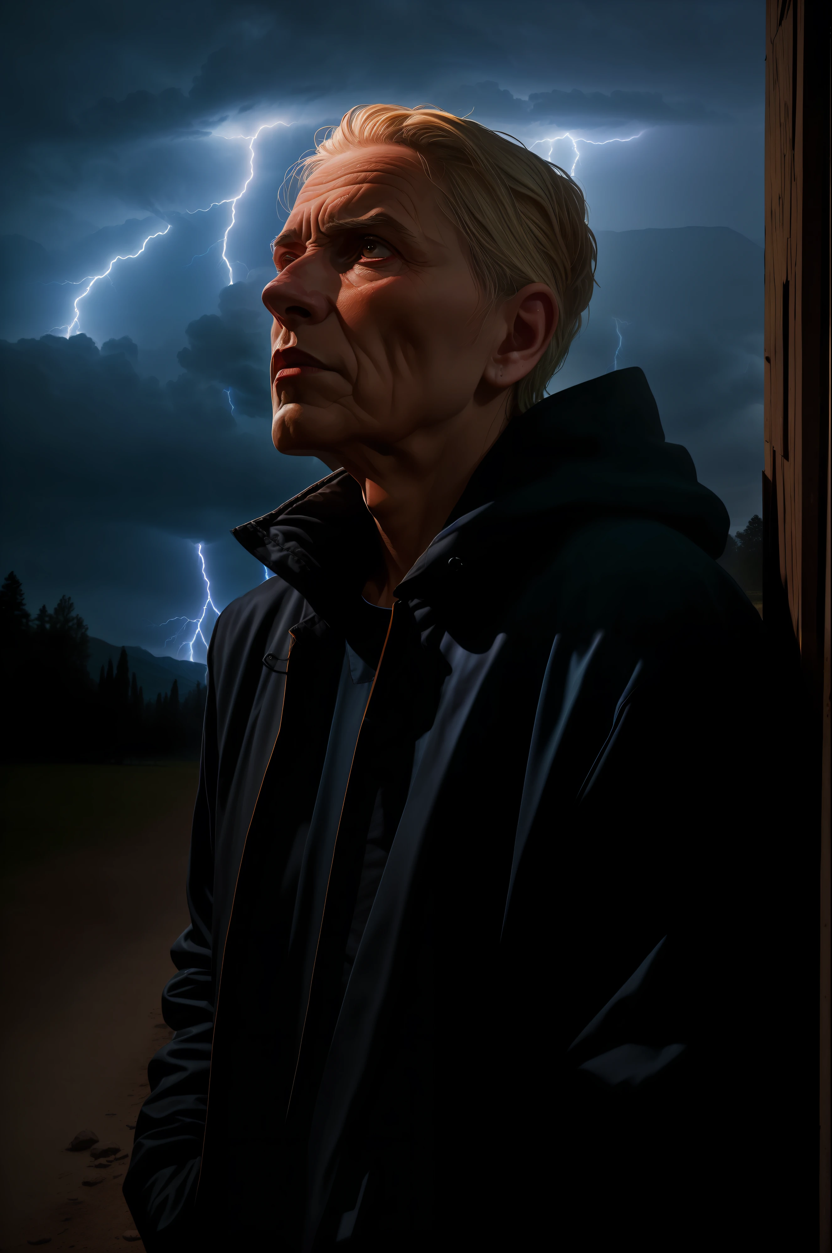 (foco nítido:1.2), an award-winning photo of an old peasant, thunderstorm outside, Lightning backlighting, , linhas no rosto, Rugas, Pele extremamente detalhada, tristeza, hopelessness ,olhos turvos, (Sombras profundas:1.1), alto contraste, Olhos bonitos, absurdos, 8k, (alta qualidade:1.3), , artstation hd |, arte conceitual, Rosto e corpo detalhados, award-winning photography, (Moody Lighting:1.2), profundidade de campo, Bokeh, 4k, HDR