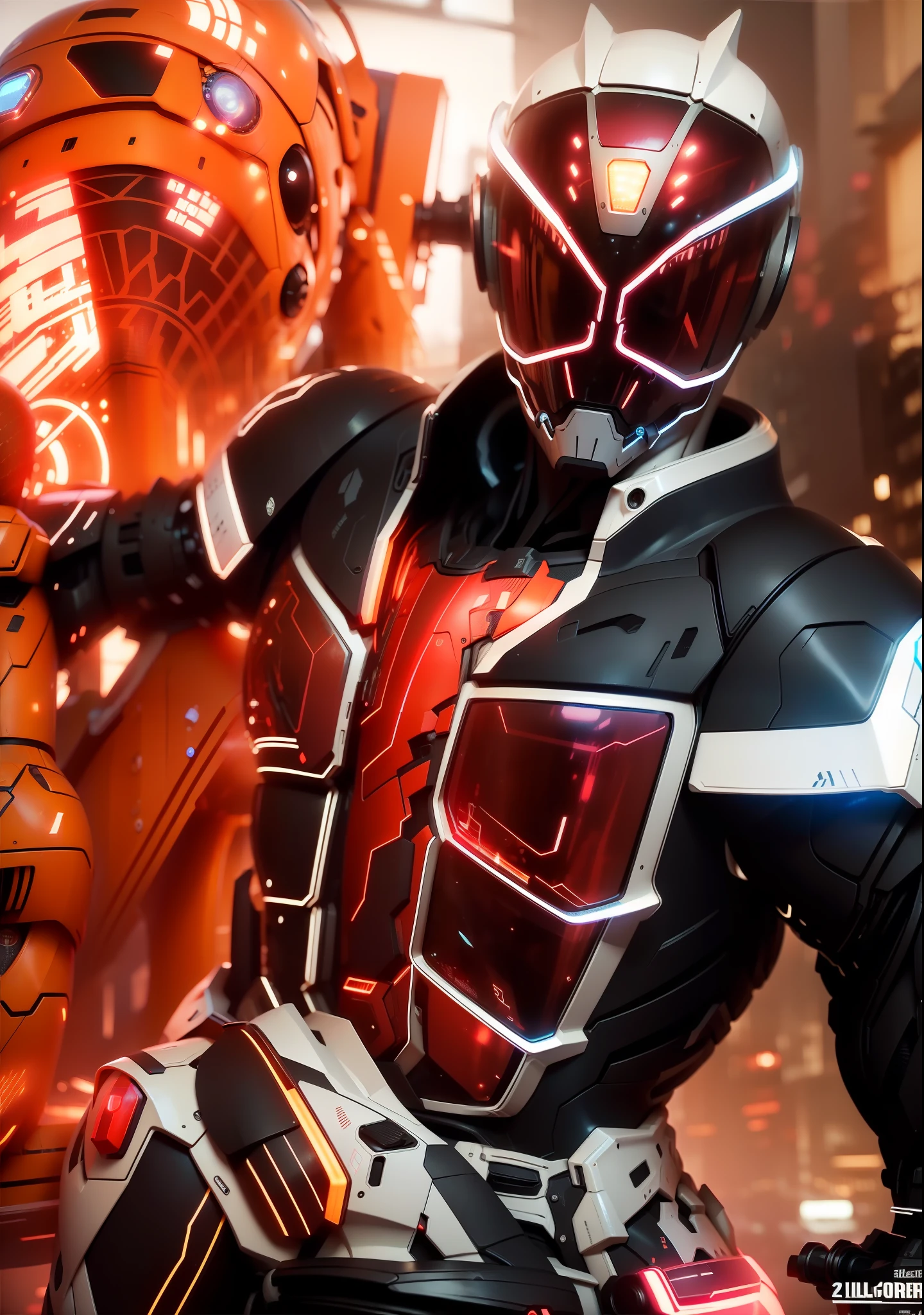 Realiy，photorealestic，Machinary，mechs，Technologie，musculous，glowing light eyes，Burly body，style of photography，Real scenery（Metallic texture 1.8）（Excess detail 2）（High resolution1.6）（4K clarity1.9)（Carbon fiber 1.5）（Metal reflection 1.5），Neon lights