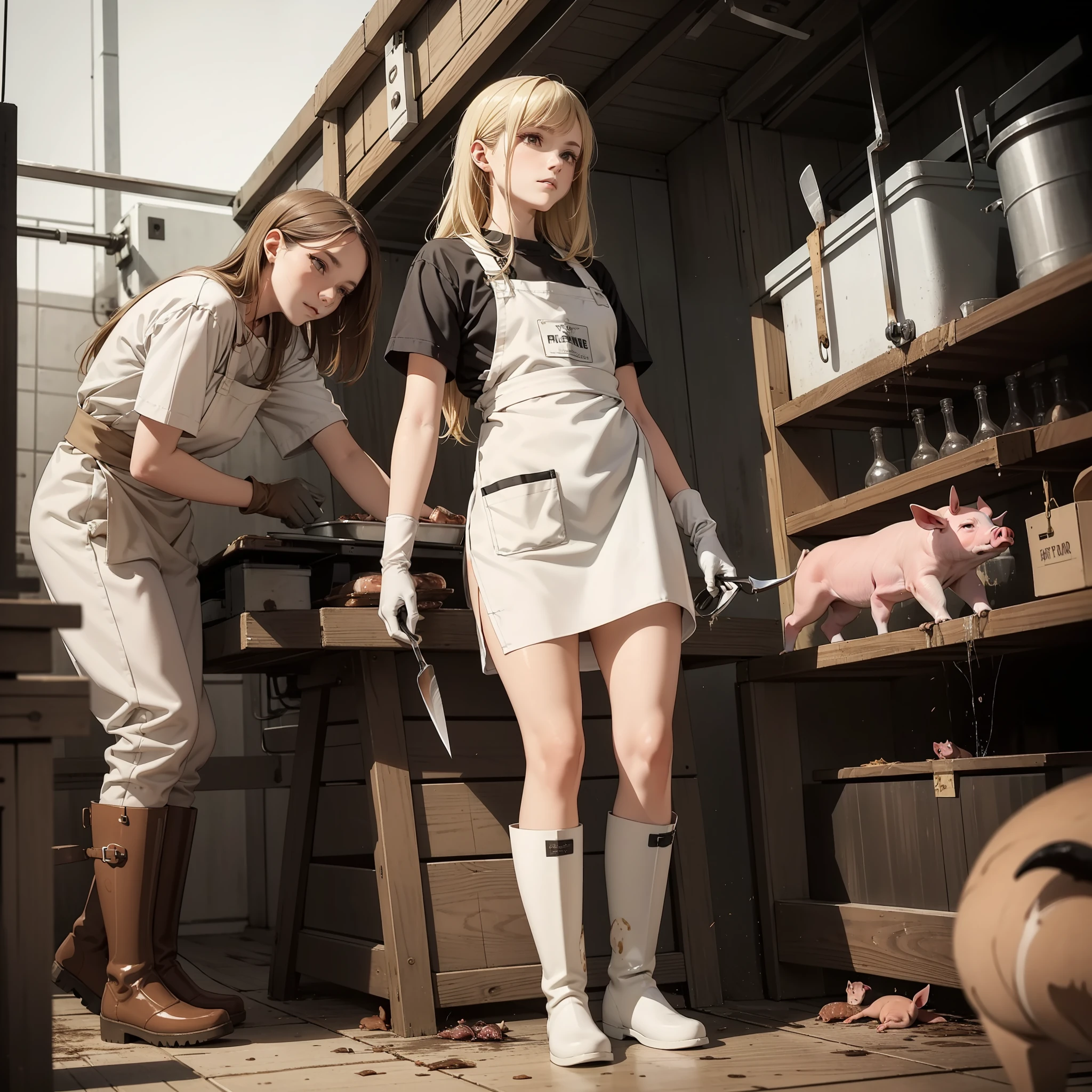 Livestock killing site,Pigs dissecting,Pig hanging on a hook,offal scattered on the floor,,,Pig guts splashed off,Beautiful blonde girl dissecting,Shoulder-length rubber gloves, Dirty rubber apron,Dirty rubber boots,White knee-length rubber boots,Stand and look down, Anatomical knife,Condescending pigs,Drawing from below,Stand and look down, Full body view from below,cruelty