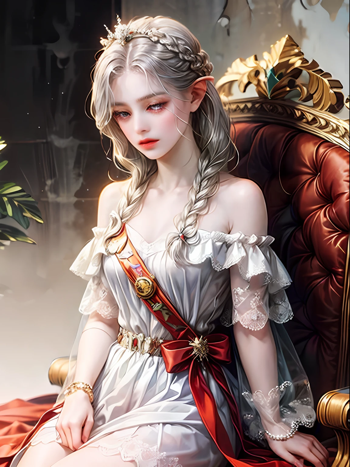 Best quality, highly detailed, masterpiece, ultra detailed, (reality: 1.2), 1 girl, (white background), simple background, delicate eyes, silver hair, purple eyes, hair_ornament, (white off-the-shoulder shirt: 1.3), long hair, pointy_ears, crown_braid, expressionless, straight hair, (++ sitting: 1.2), room, --auto