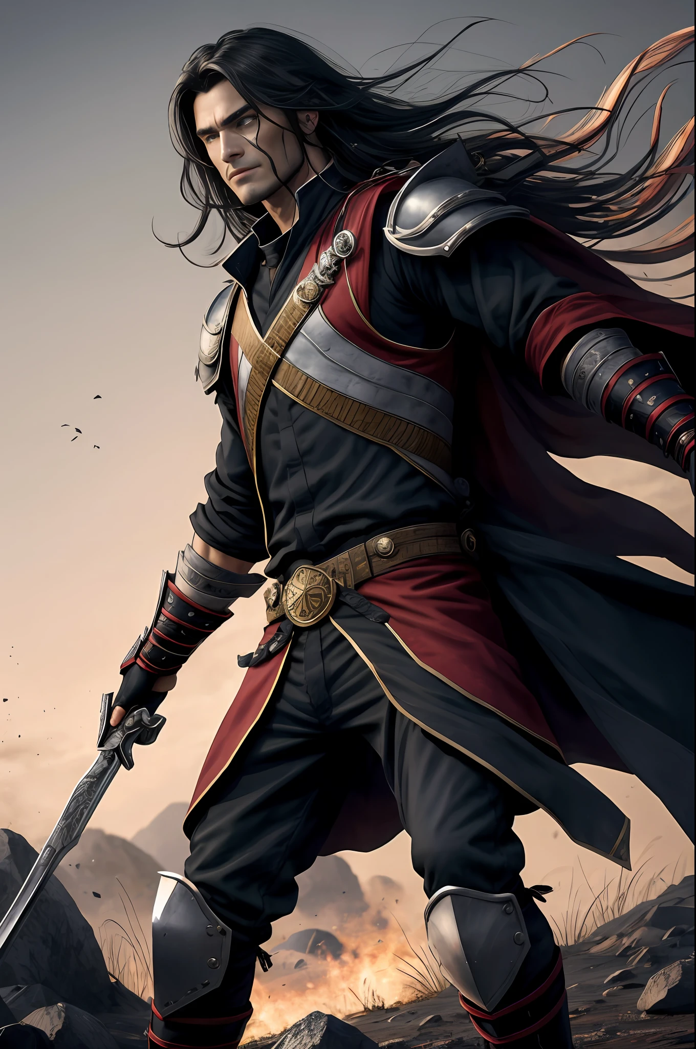 (8k, Foto RAW, melhor qualidade, obra-prima: 1.2), Ultra Detalhado, Arte Oficial, realista: 1.37, parte superior do corpo tiro, pele clara, madara uchiha, serious face, homem, jovial, pele suave, Evil, cabelo preto, cabelos pretos longos, cabelo cheio espetado, up to the waist, ninja, Uniforme detalhado Madara, armadura detalhada, na guerra, Muito fogo no set, action pose.