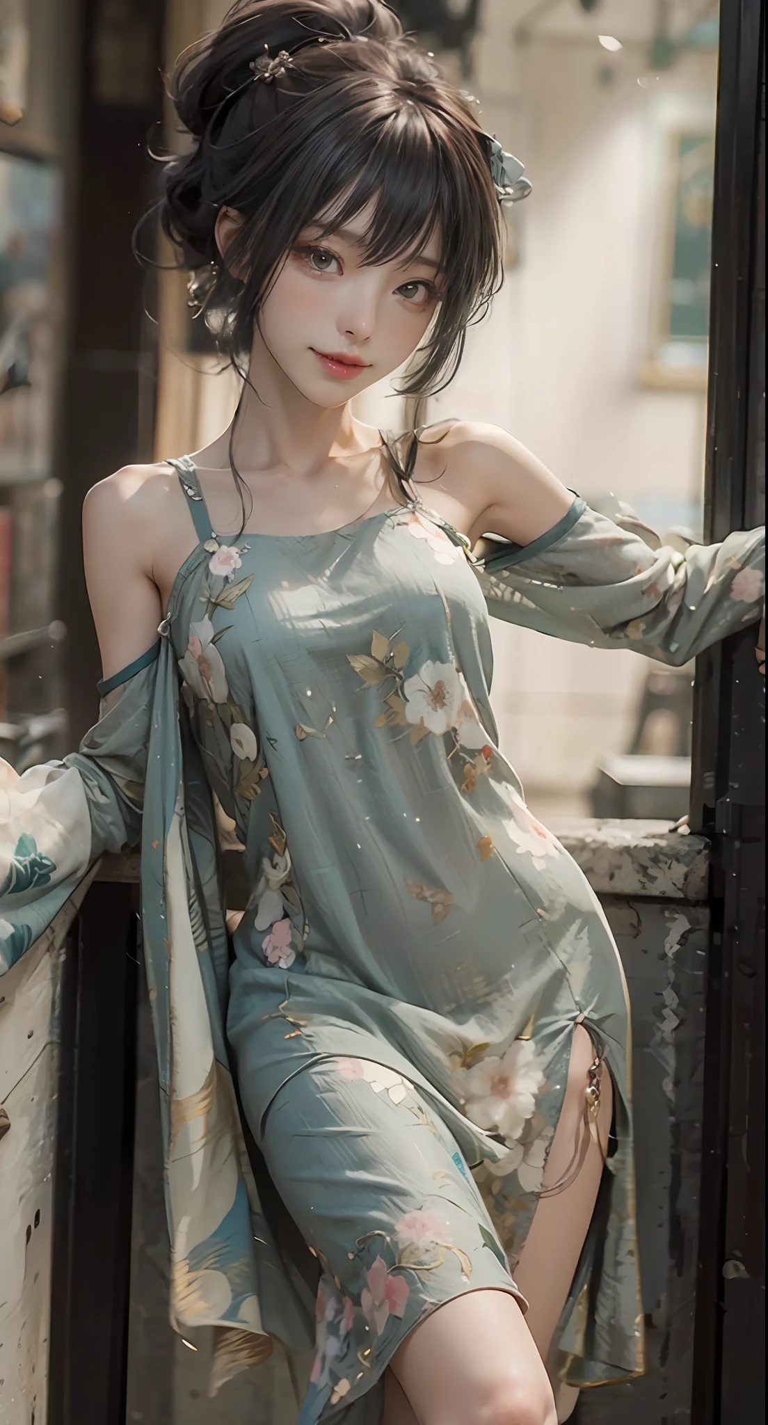 ((Best picture quality, 8K, tmasterpiece:1.3)), 1girll, Beautiful woman with slender abs:1.3, (Casual hairstyle:1.2),intricate detailed clothes , Fine fine skin,Messy hair,Ultra-fine face, A detailed eye, 二重まぶた,is shy,dynamicposes,ssmile,Hanfu,Slip dress,High detail official artwork,detailed anime art,portrait of a female anime hero,