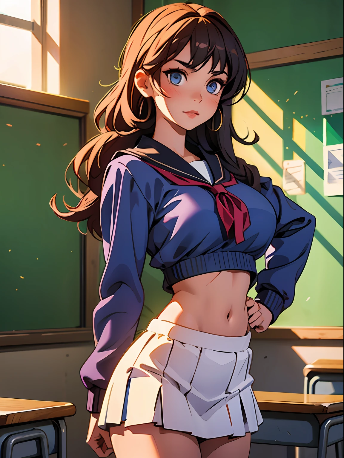 1girl,large breasts,midriff,
indoors,bedroom,standing,cowboy shot, ((school_uniform)) --auto
