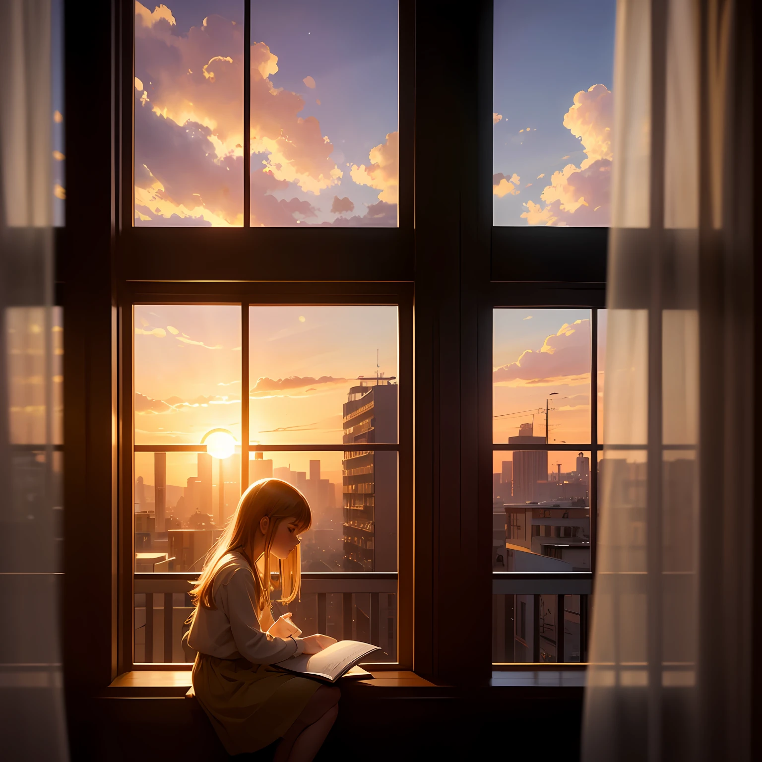 Balcony Girl Reading Window Sunset Clouds Warm Colors Soft Light, high detail, Social realism, interior architecture, anime, Romanticism, chiaroscuro, cinematic lighting, ray tracing, UHD, retina, masterpiece, ccurate, anatomically correct, textured skin, super detail, high details, high quality, best quality, highres --auto
