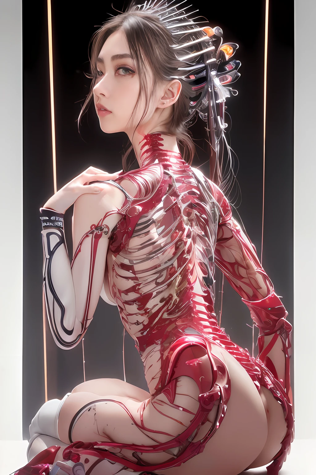 (masterpiece, top quality, best quality, official art, beautiful and aesthetic:1.2), (1girl:1.3), extreme detailed,colorful,highest detailed ((ultra-detailed)), (highly detailed CG illustration), ((an extremely delicate and beautiful)),(from side),cinematic light,((1mechanical girl)),solo,full body,(machine made joints:1.2),((machanical limbs)),(blood vessels connected to tubes),(mechanical vertebra attaching to back),((mechanical cervial attaching to neck)),(sitting),expressionless,(wires and cables attaching to neck:1.2),(wires and cables on head:1.2)(character focus),science fiction,white background,(blood:1.5)