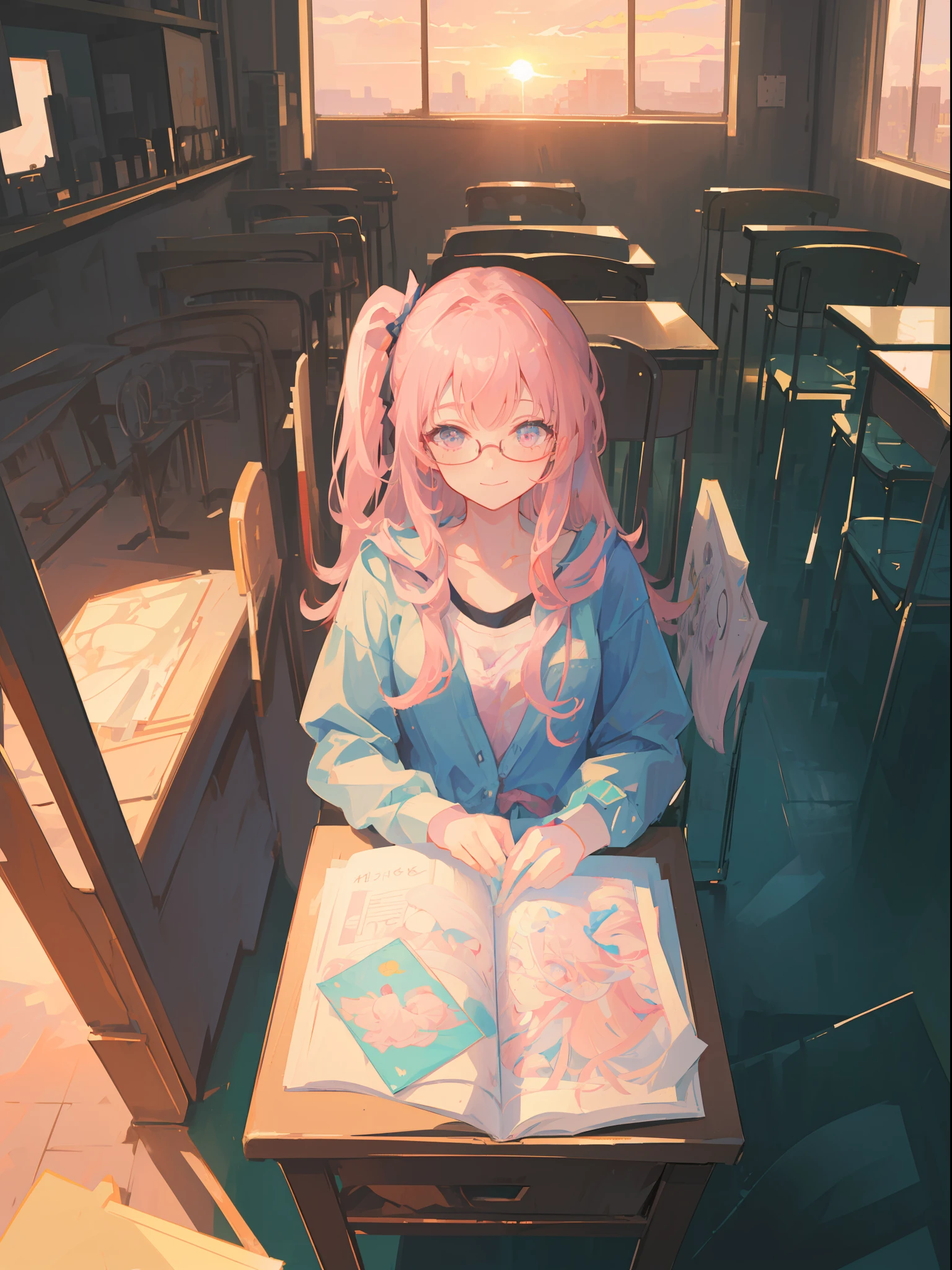 (((Masterpiece))),(((Best quality))),(((Amazing detail))),((illustration)),((A high resolution)),((8K)),((Anatomically correct)),Pink Long Hair,High ponytail,Delicate hair,a matural female,black-frame glasses,Light smile,adjusting eyewear,angle of view,Anime,Depth of field,Classroom Background,Sunset,Soft light,From above,Lens flare,Medium breasts,