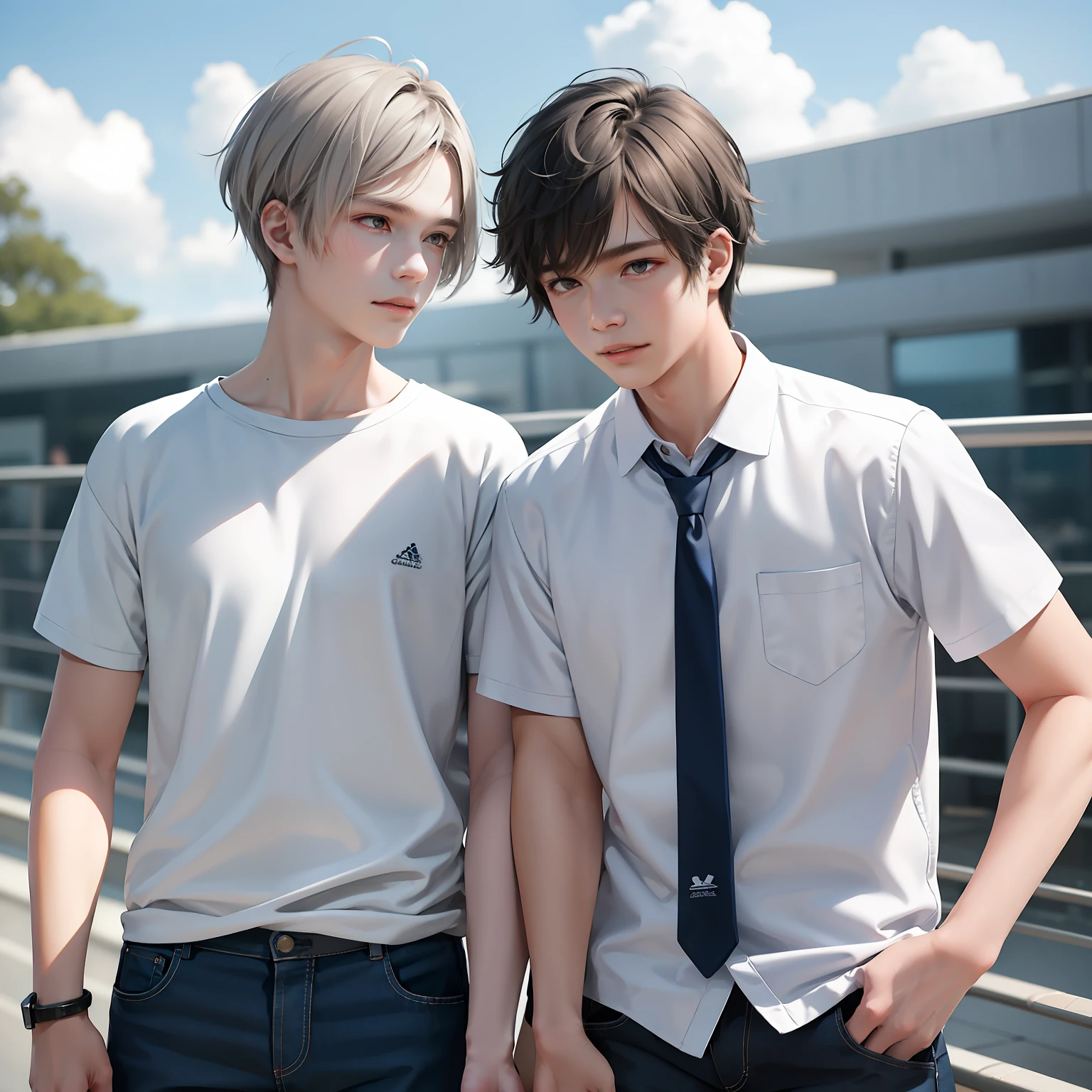 Two 15-year-old teenage friends both with dark skin and cloud-light gray hair at school , estan conversando un secreto de que son amigos casi como hermanos..