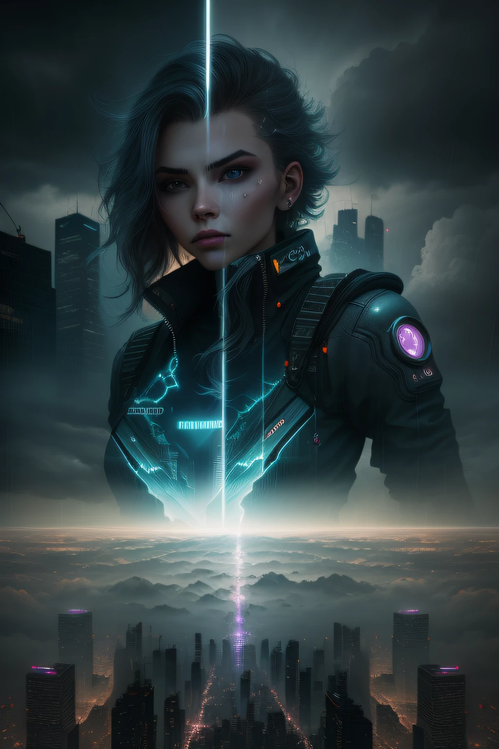 cyberpunk [foggy cityscape in the distance : very pretty girl, city:0.33] immersed in a giant flow of wind, living in a thunder cloud, behind the cloud, (double exposure:1.3), photo by Brandon Woelfelmist, surreal dream, gray atmosphere, rainy day, dynamic, lut, hdr