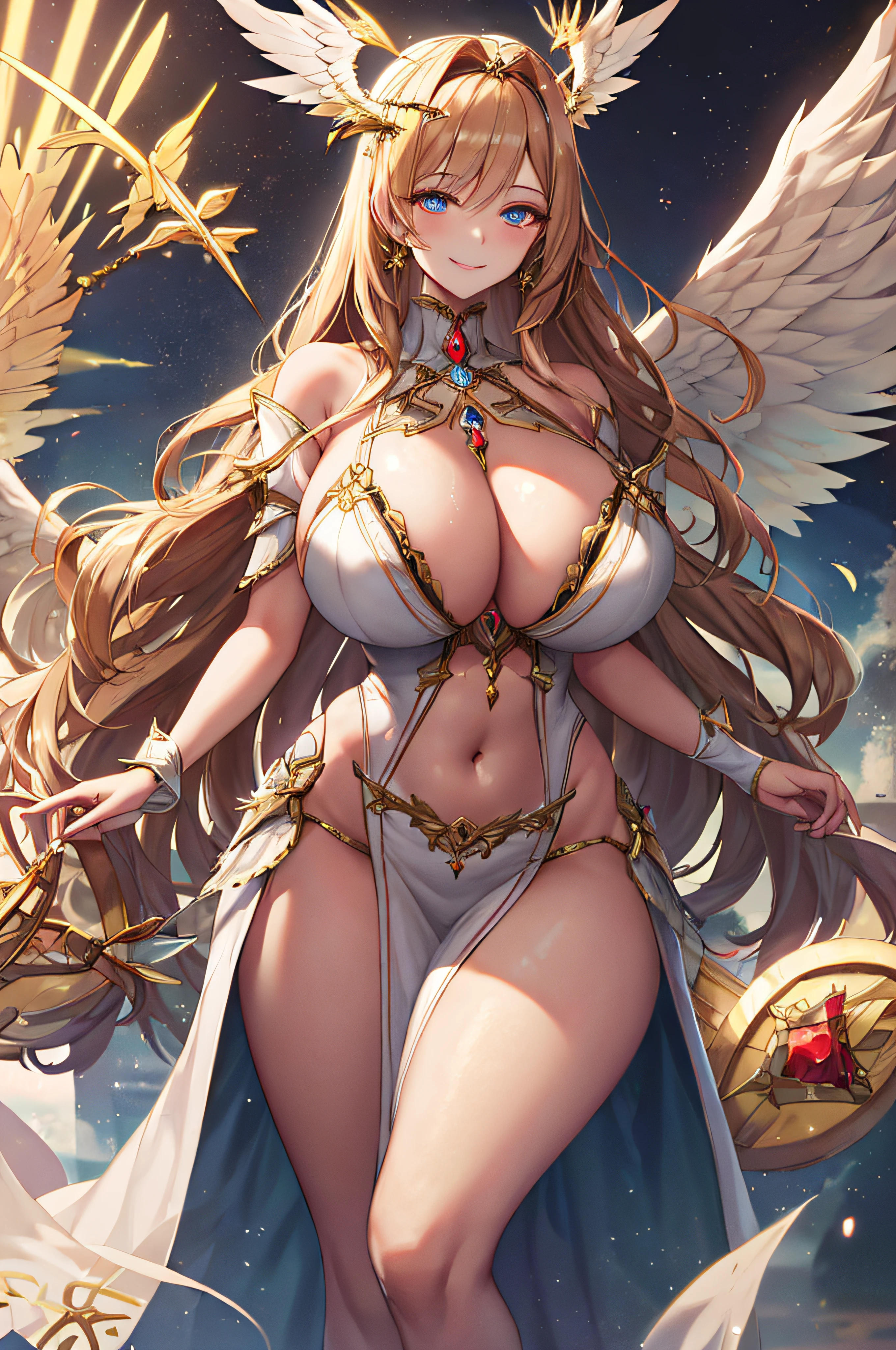 priestess,valkyrie,angel wings,navel,sideboob,complex,light particles,thighs,shiny skin, perfect lighting, 1girl, looking at viewer,winged headgear,pelvic curtain, smile,(masterpiece), (best quality), extremely huge breasts, motherly, porcelain skin, honey blonde hair, very long hair, wavy hair