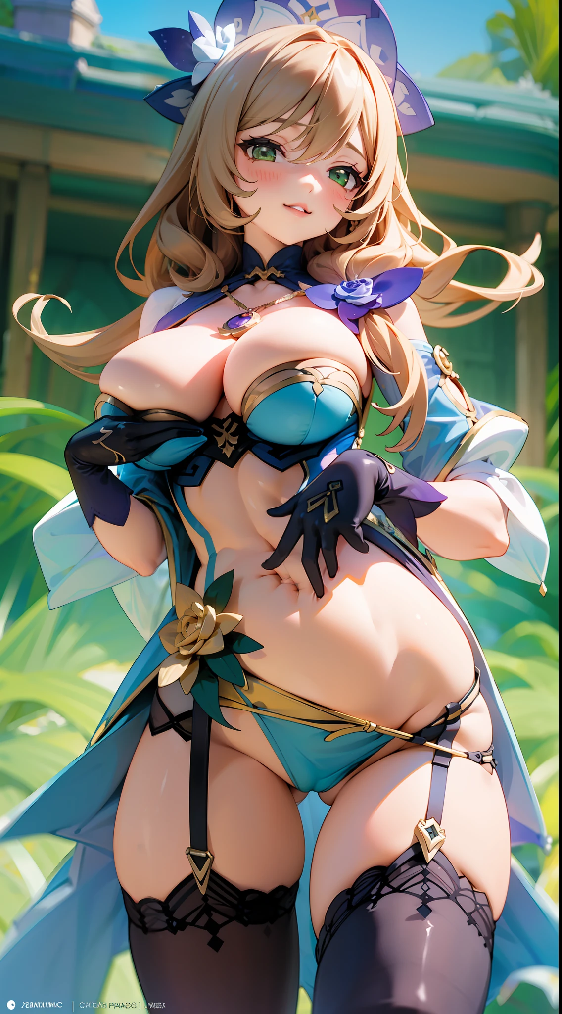 lissa(genshinimpact),Ocean park,Expose abs,lace panty,Comic cover style,Premium comic titles,Slim figure,cropped shoulders,huge tit,White dress at the bottom,Mesh garment,Cocked buttocks,Fleshy thighs,Below the waist are mesh stockings,Masterpiece,hyper-detailed face,Deep rendering