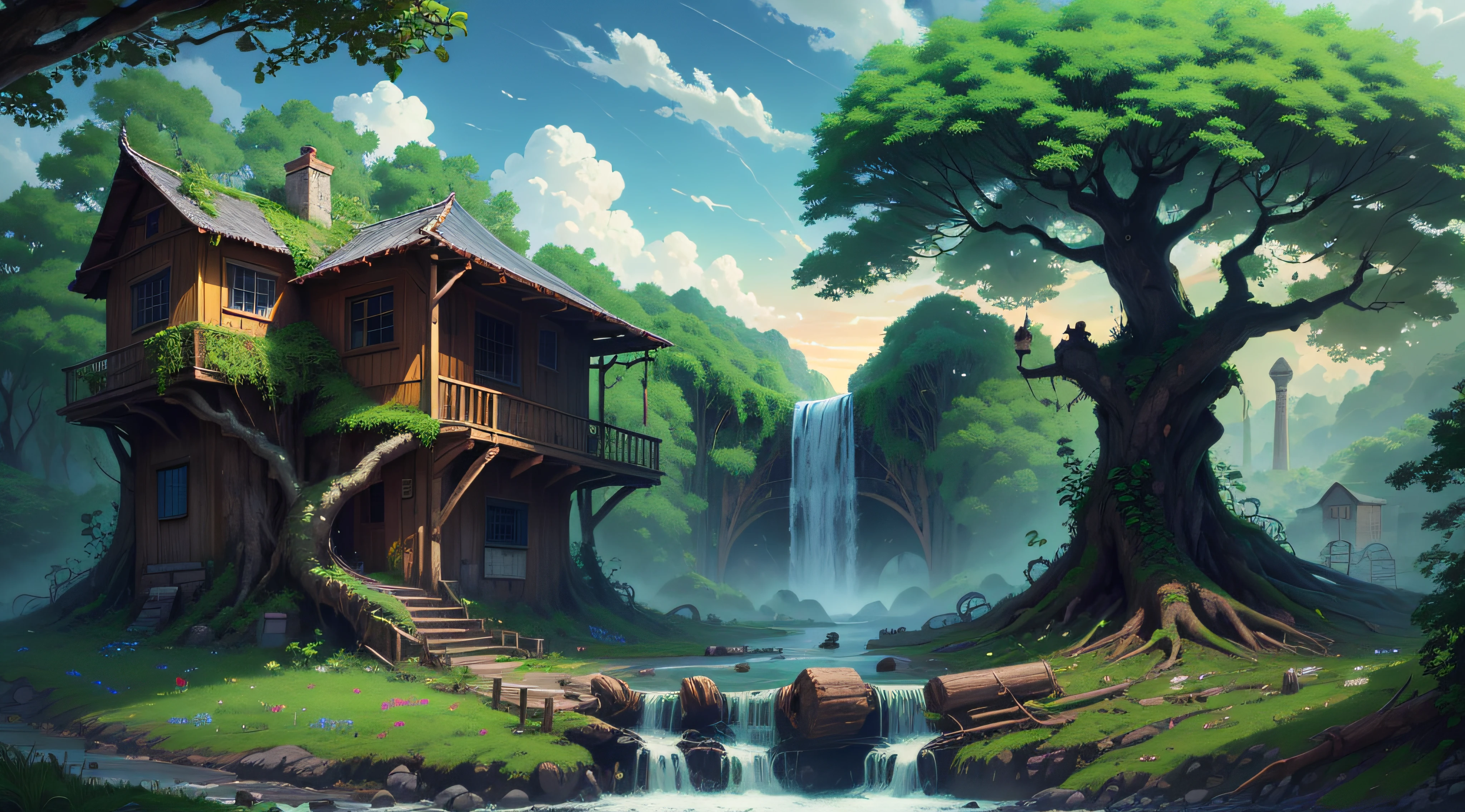 Gigantic colorful trees with many vines, palmeiras, coqueiro, fallen logs, a watermill with a waterwheel, moinho de vento, numa cachoeira exuberante, rio com grandes rochas hiper realista, sky with clouds, sol, lua, global ilumination, profundidade de campo,
